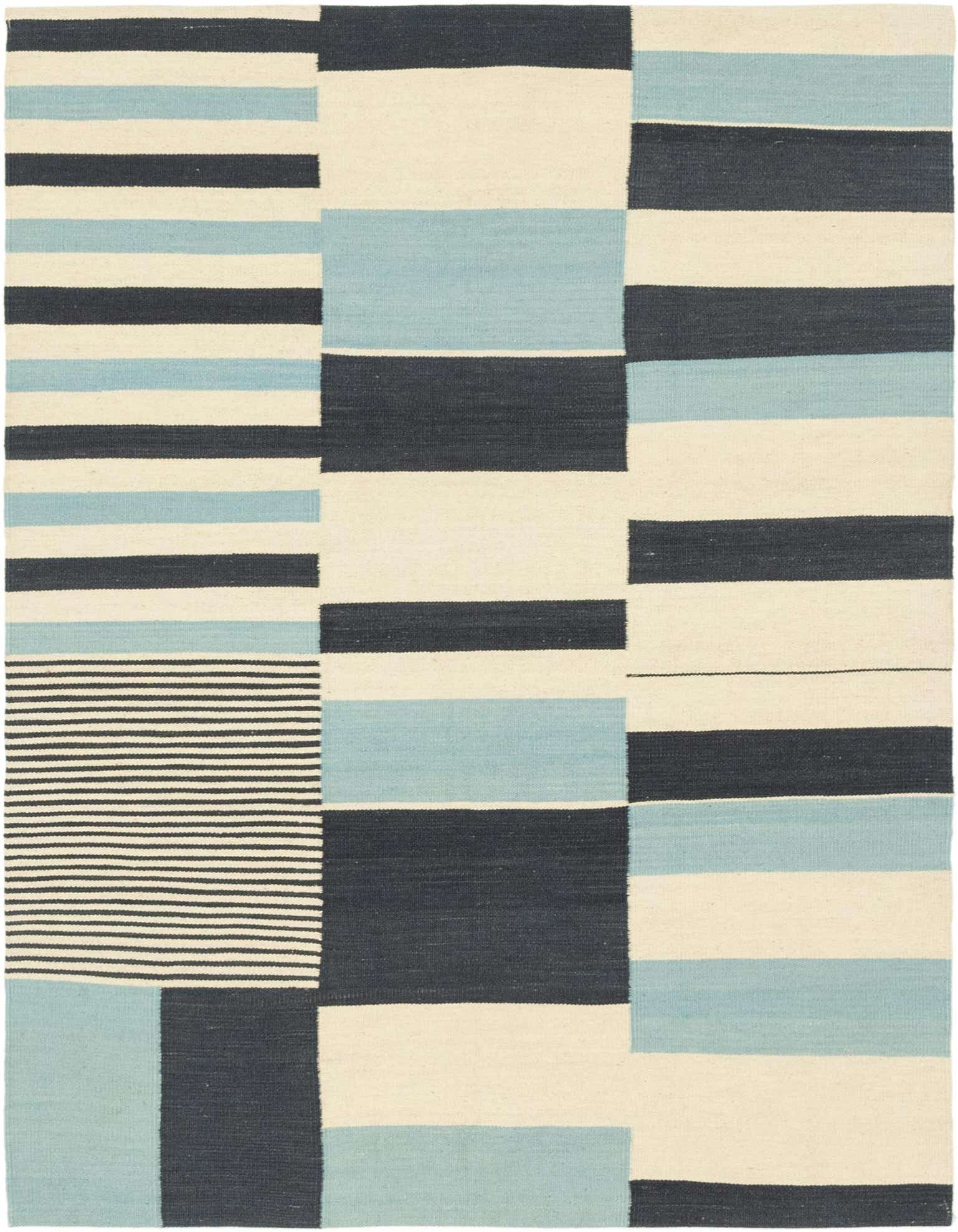 A 4x6 rectangular Kilim Modern rug with a contemporary tribal pattern in ivory, light blue, and dark blue stripes and blocks.