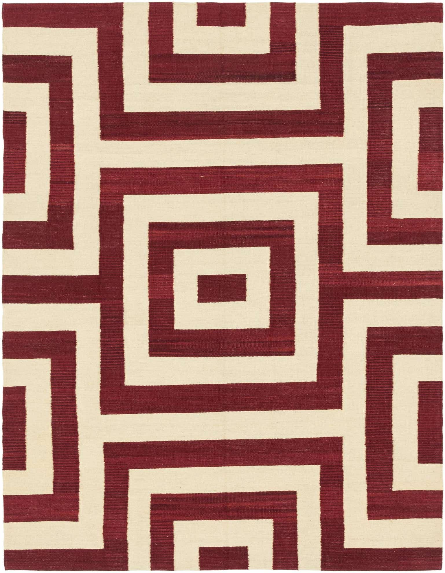 A 6x9 rectangular Kilim Modern rug with a bold geometric pattern of thick ivory lines on a rich red background.