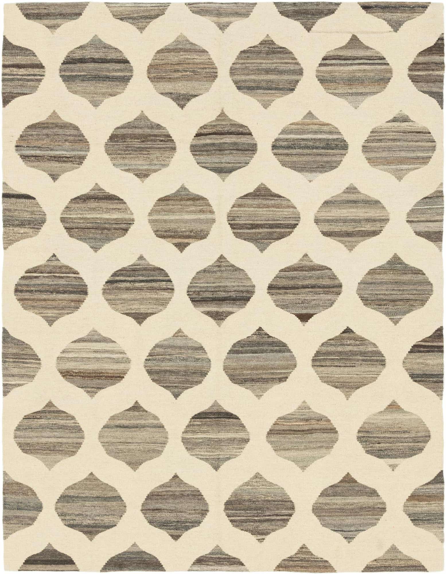 A 4x6 rectangular ivory wool rug with a modern tribal pattern of repeating horizontally striped gray and brown ovals.