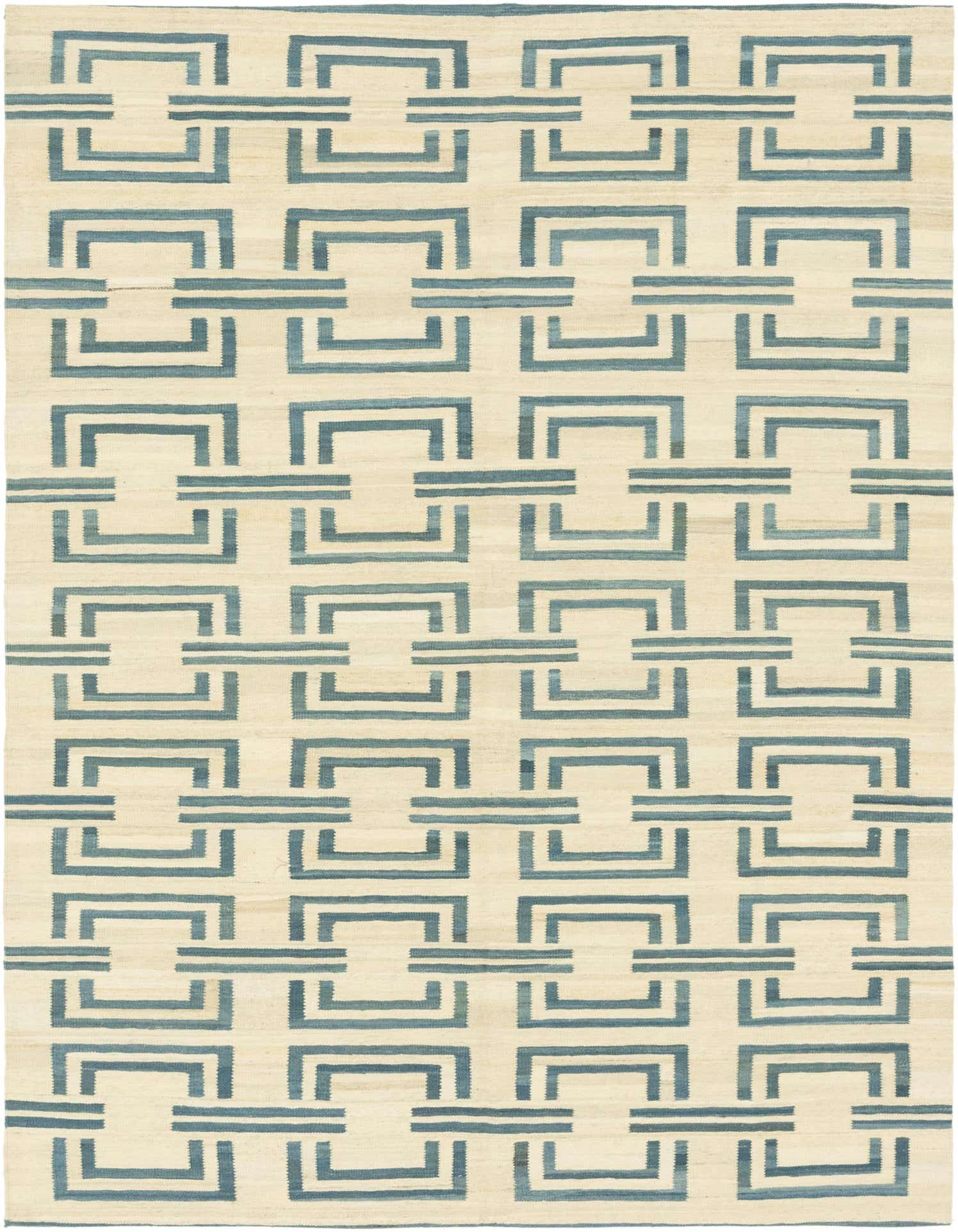 A 6x9 rectangular ivory and teal flatweave wool rug with a modern tribal interlocking chain pattern, suitable for a living room.