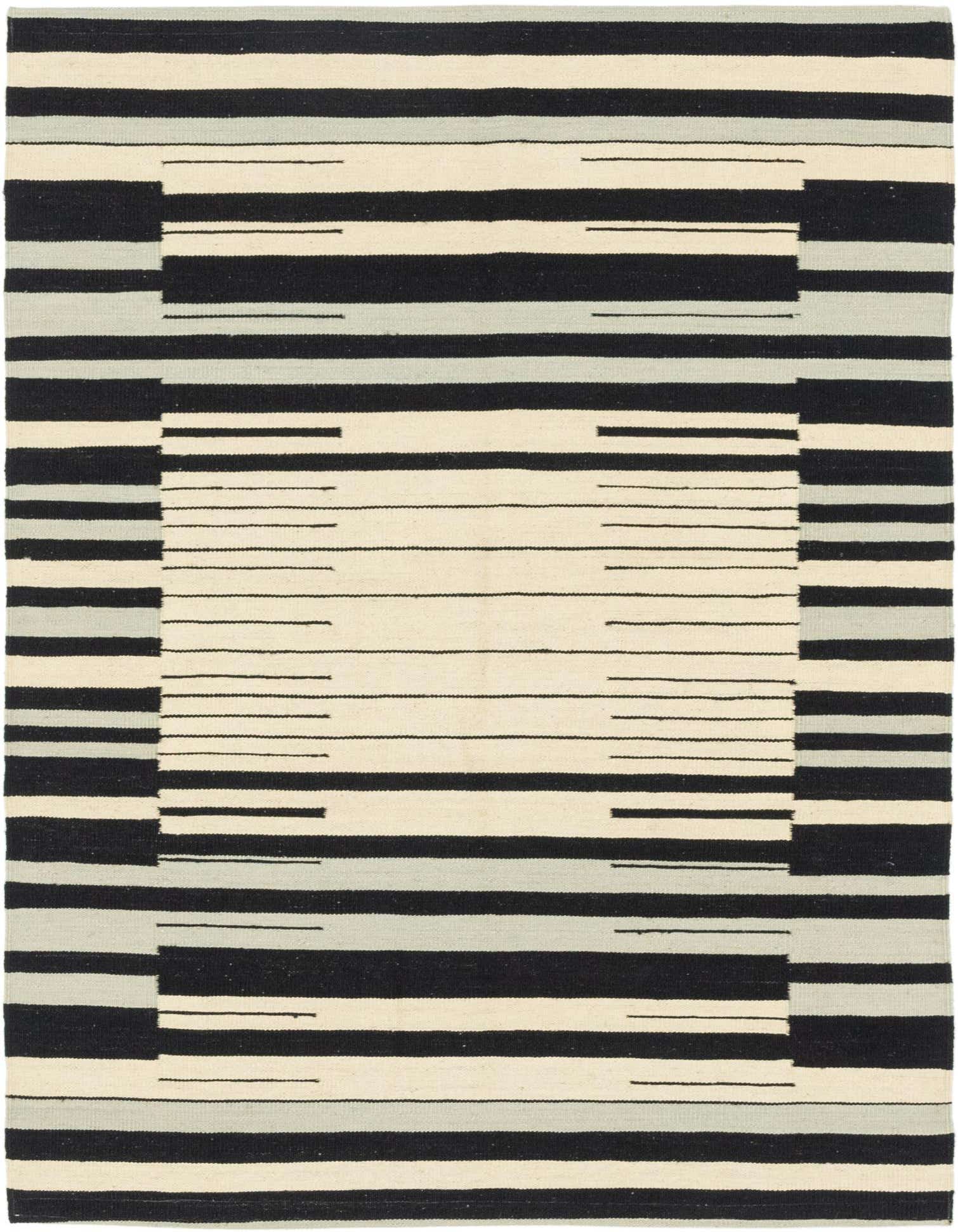 A 4x6 rectangular Kilim Modern rug with a tribal stripe pattern in ivory, black, and light gray, perfect for a living room.