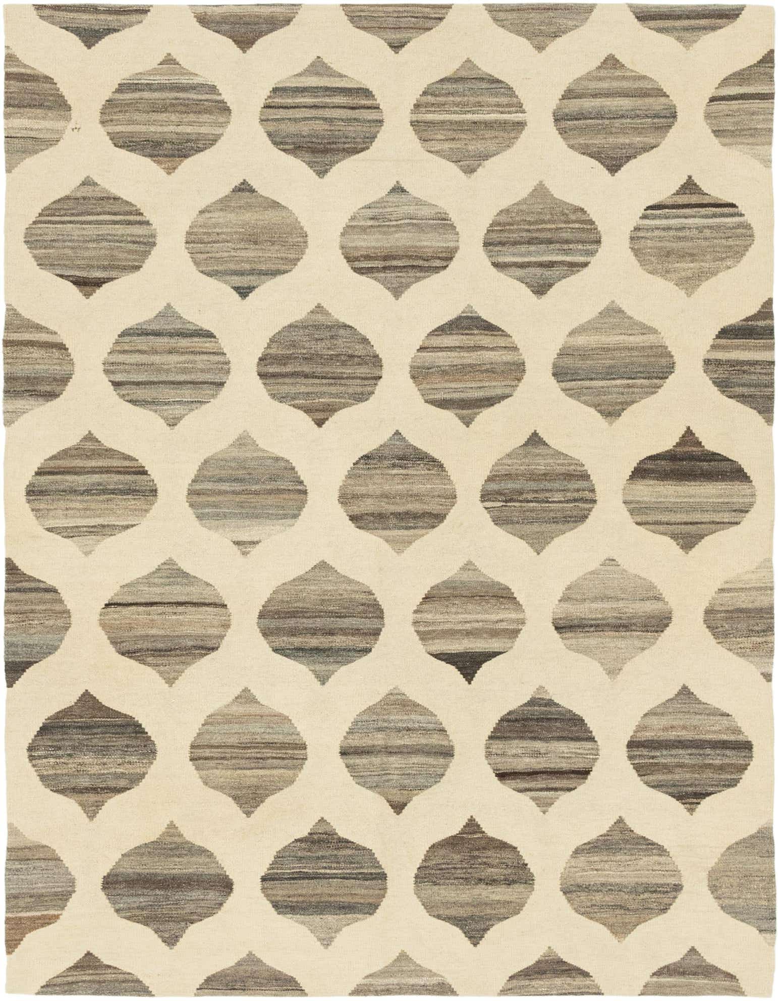 A 5x7 rectangular ivory and cream flatweave rug with a modern tribal pattern of horizontally striped gray and brown ovals.