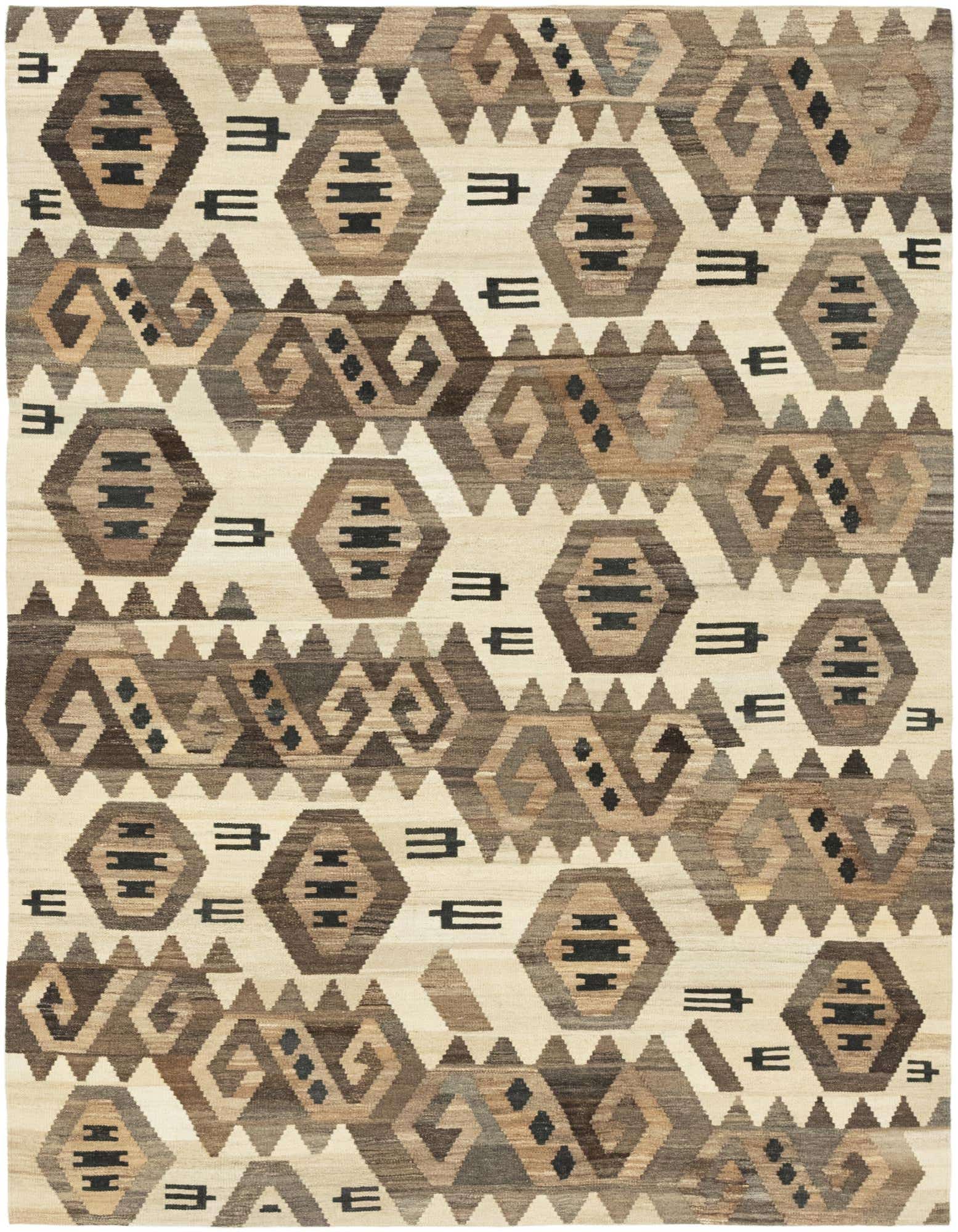 A 5x7 rectangular Kilim Modern rug with a tribal pattern in ivory, cream, and various shades of brown.