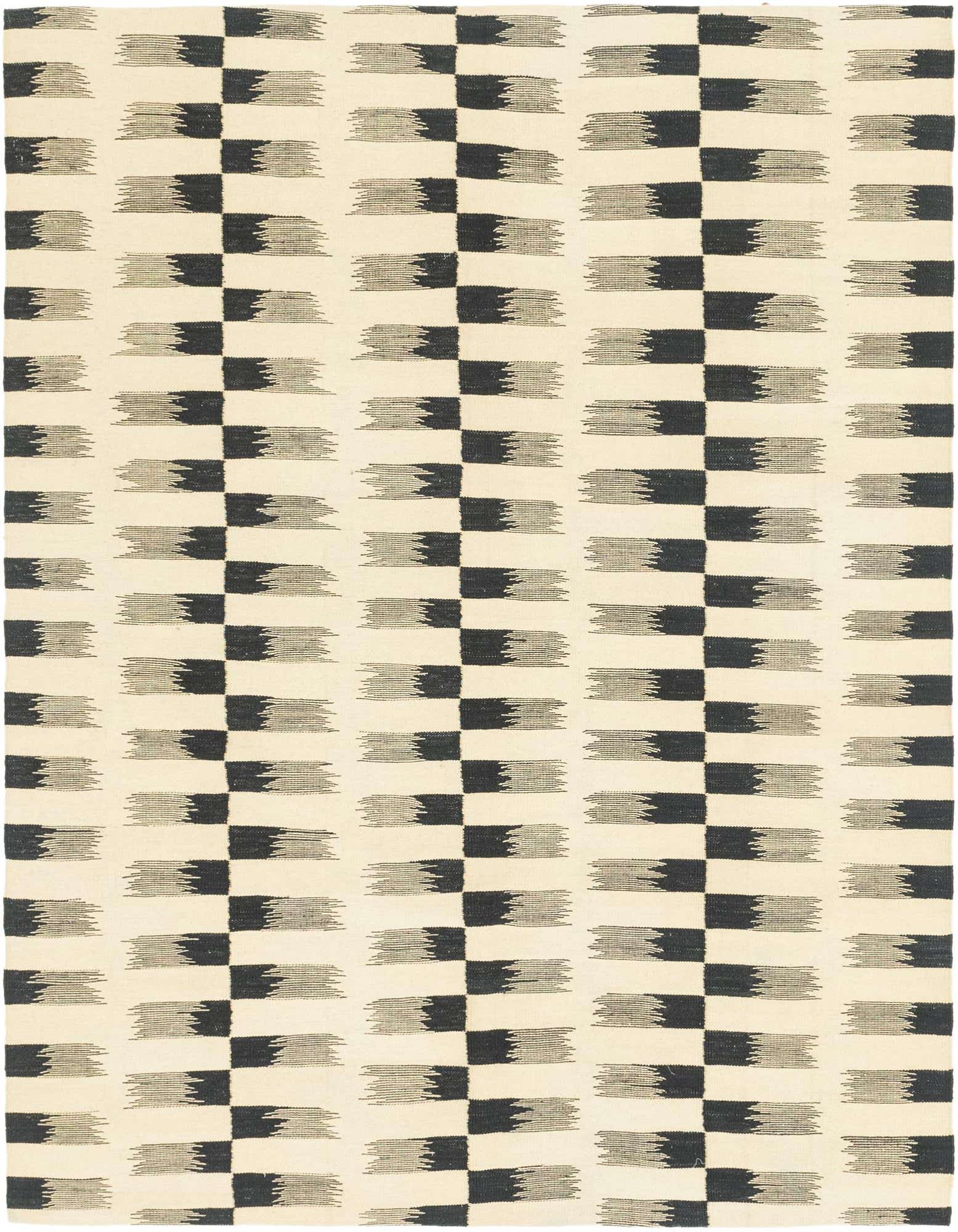 A 6x9 rectangular ivory and black flatweave wool rug with a modern tribal stripe pattern.