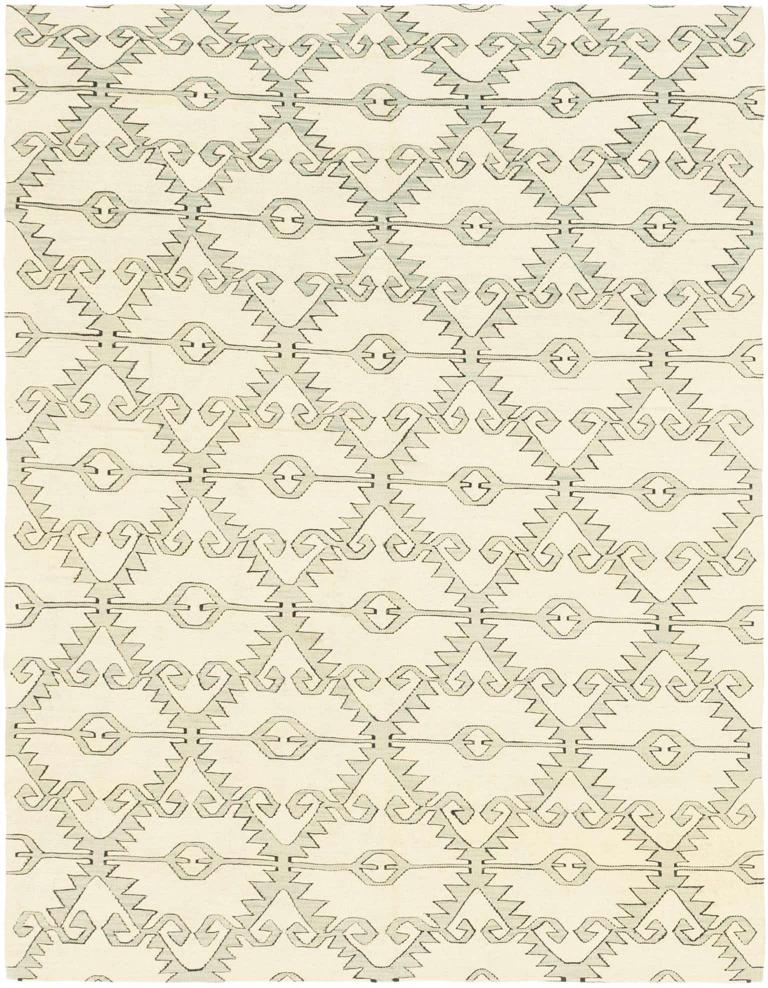 A 6x9 rectangular ivory wool flatweave rug with a repeating tribal geometric pattern in light gray and dark gray.