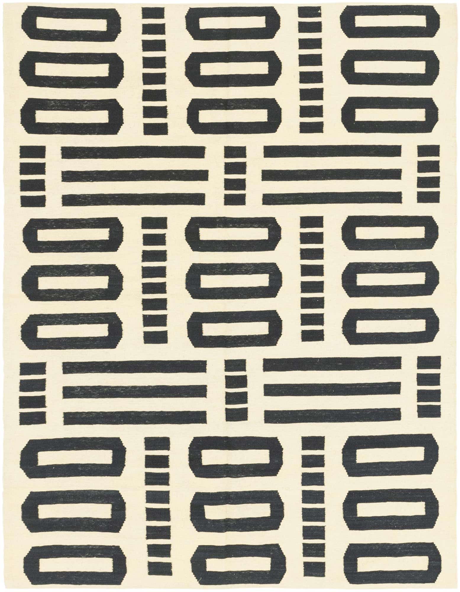 A 6x9 rectangular ivory and black flatweave rug with a bold, modern tribal geometric pattern of stripes and rectangles.