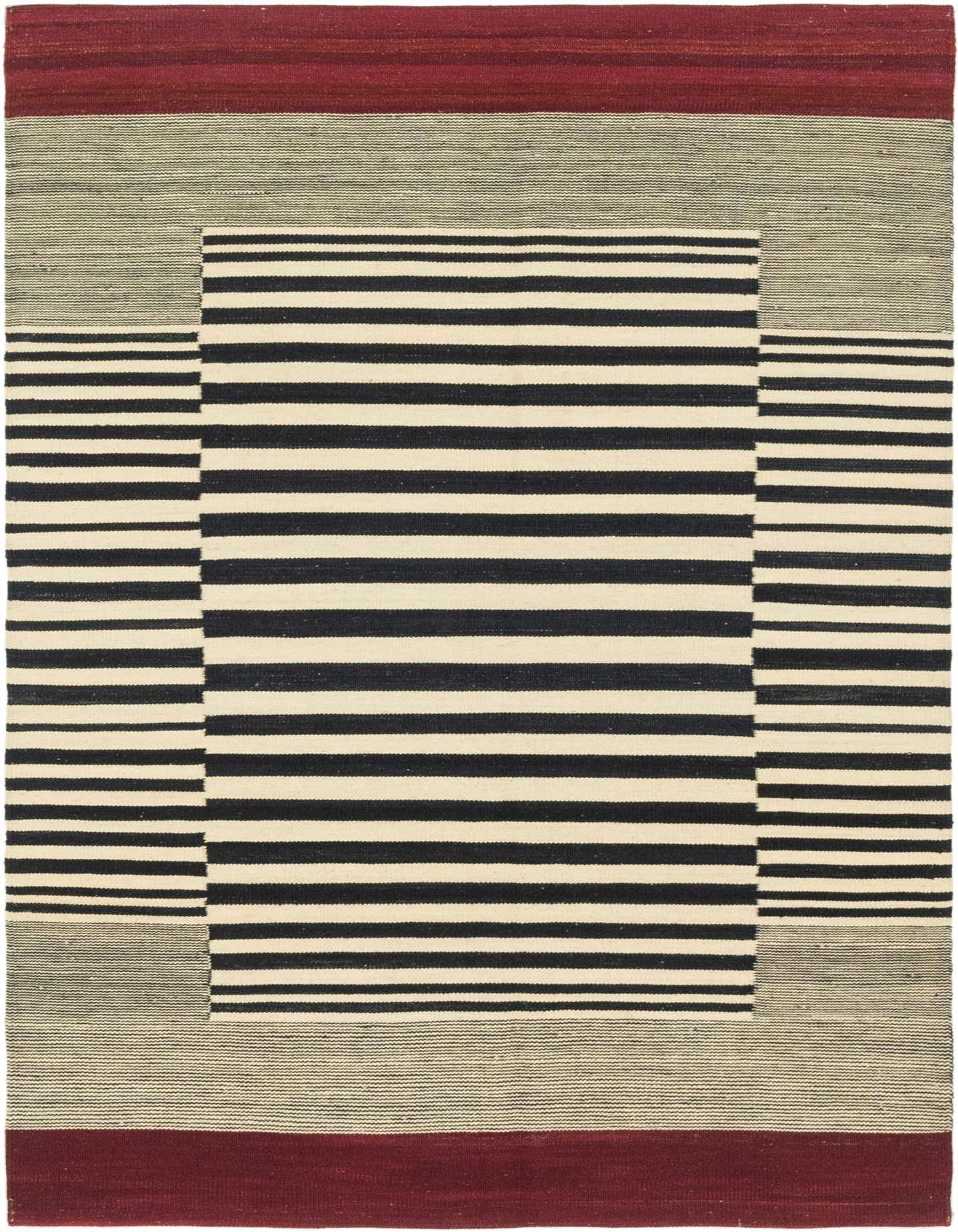 A 4x6 rectangular Kilim Modern rug with a central ivory and black striped pattern, bordered by light grey and deep red stripes.