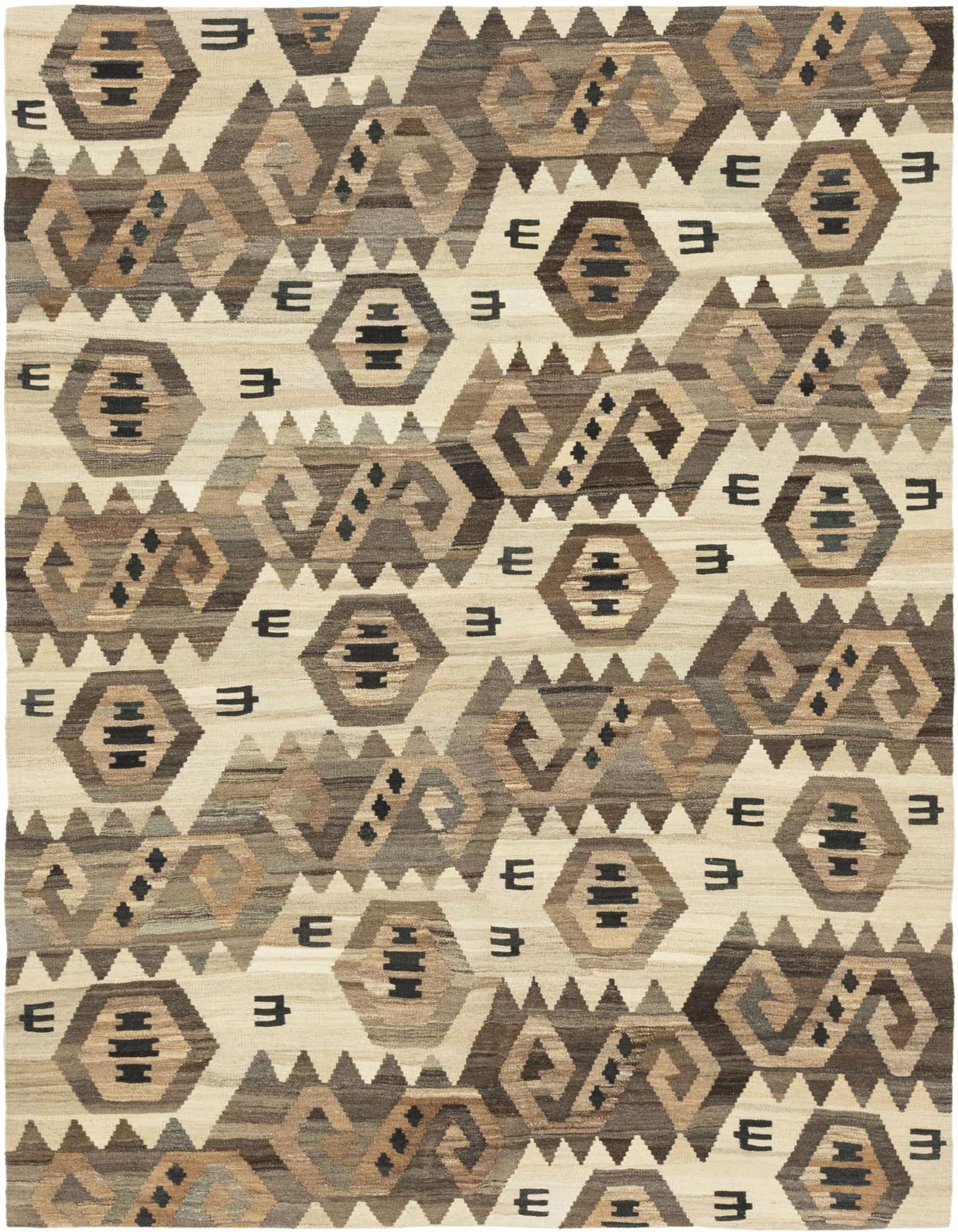 A 5x7 rectangular Kilim Modern wool rug featuring a tribal pattern in shades of ivory, cream, and brown.