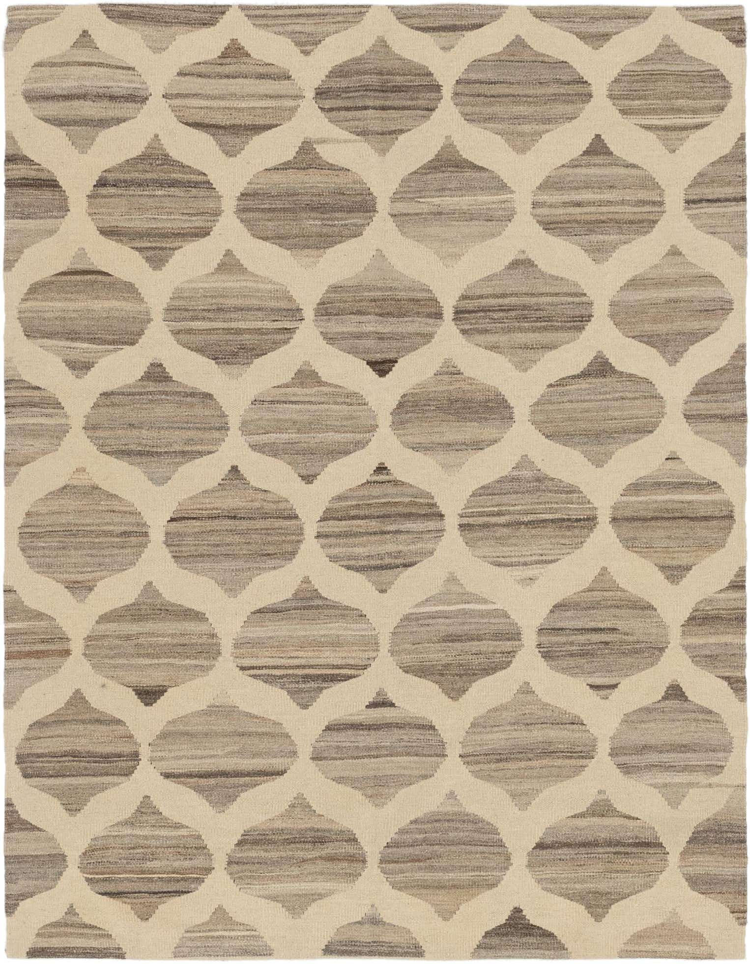 A 5x7 rectangular ivory and cream flatweave wool rug with a repeating transitional tribal pattern.