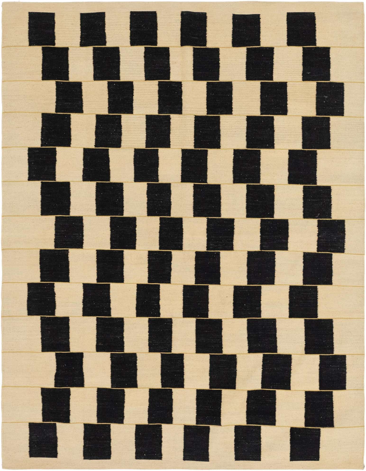 A 6x9 rectangular ivory and black flatweave rug with a modern geometric block pattern, ideal for a living room.