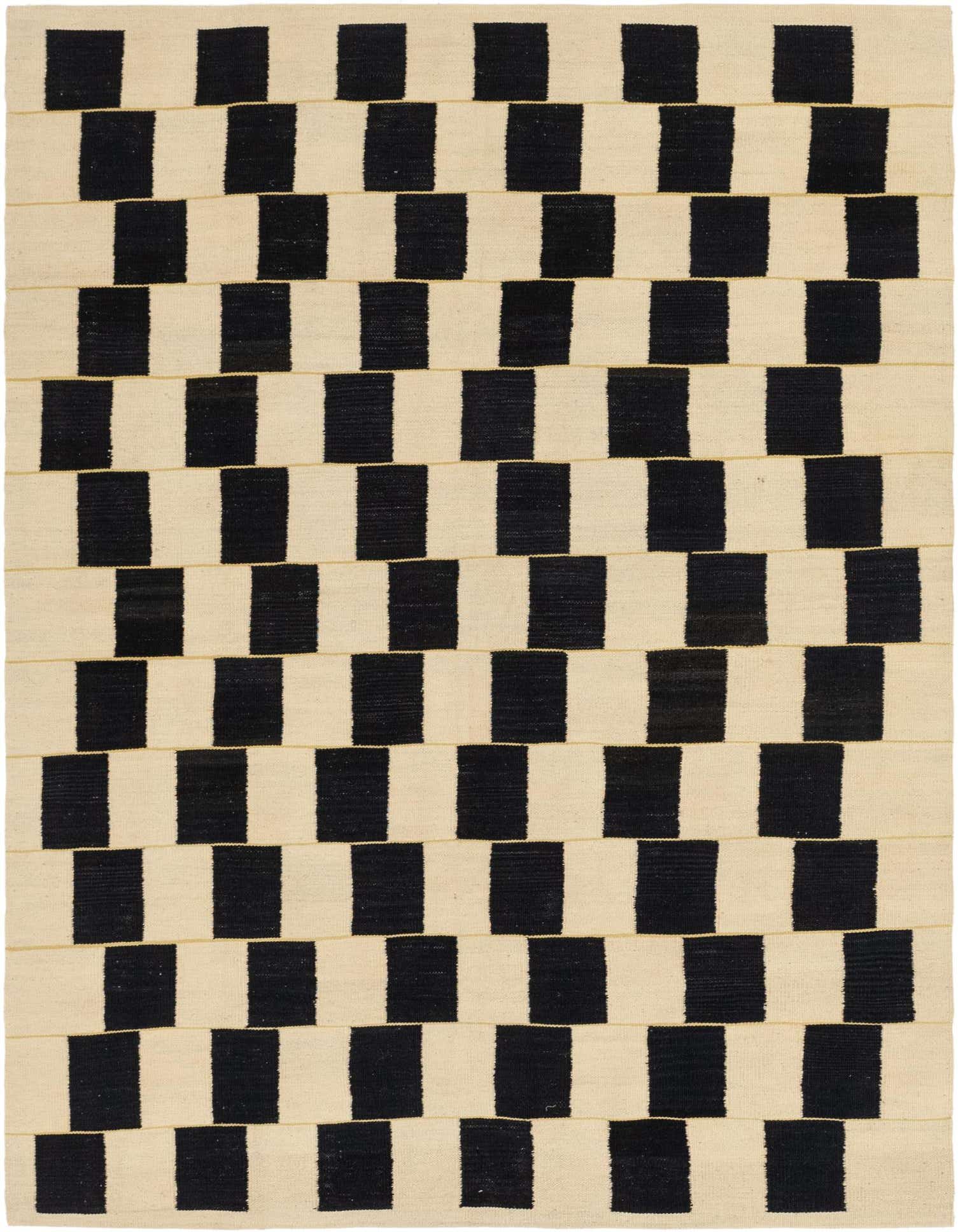 A 6x9 rectangular flatweave rug with a bold black and ivory checkerboard pattern, suitable for a living room.