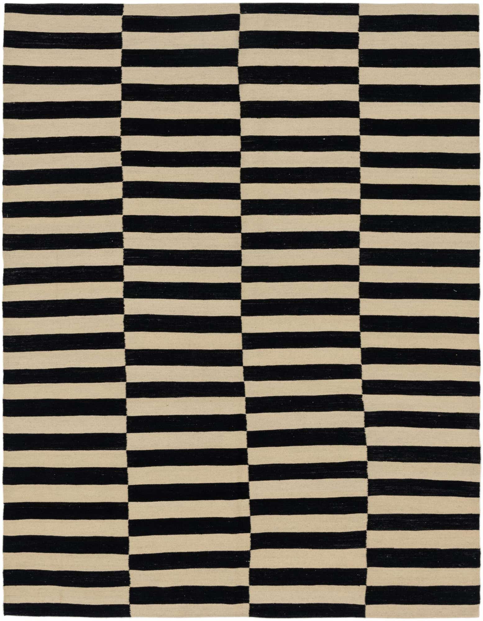A 5x8 rectangular Kilim Modern rug with a bold black and ivory striped pattern, perfect for a living room.