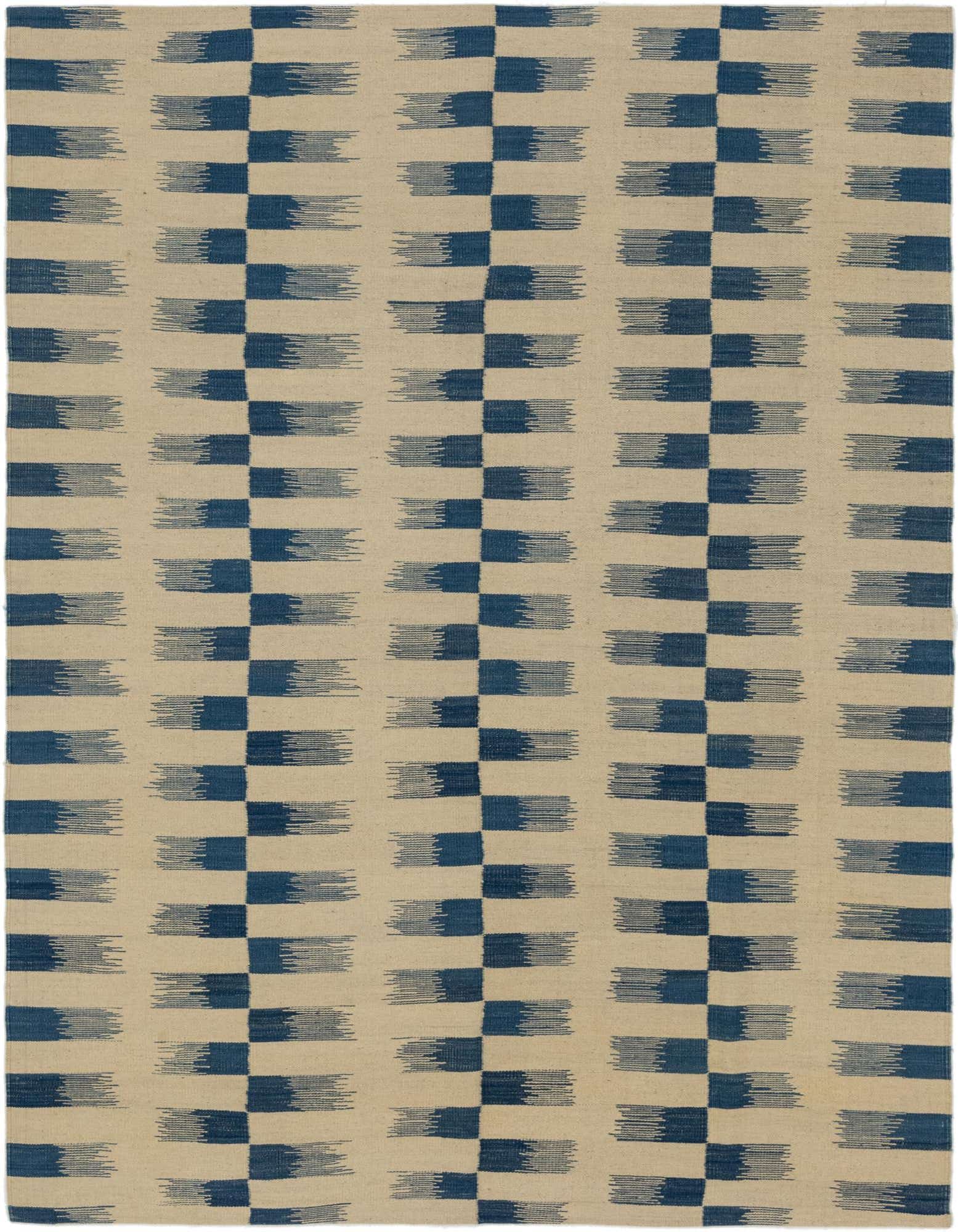 A 6x9 rectangular flatweave rug with a modern tribal pattern of horizontal navy blue dashes on an ivory background.