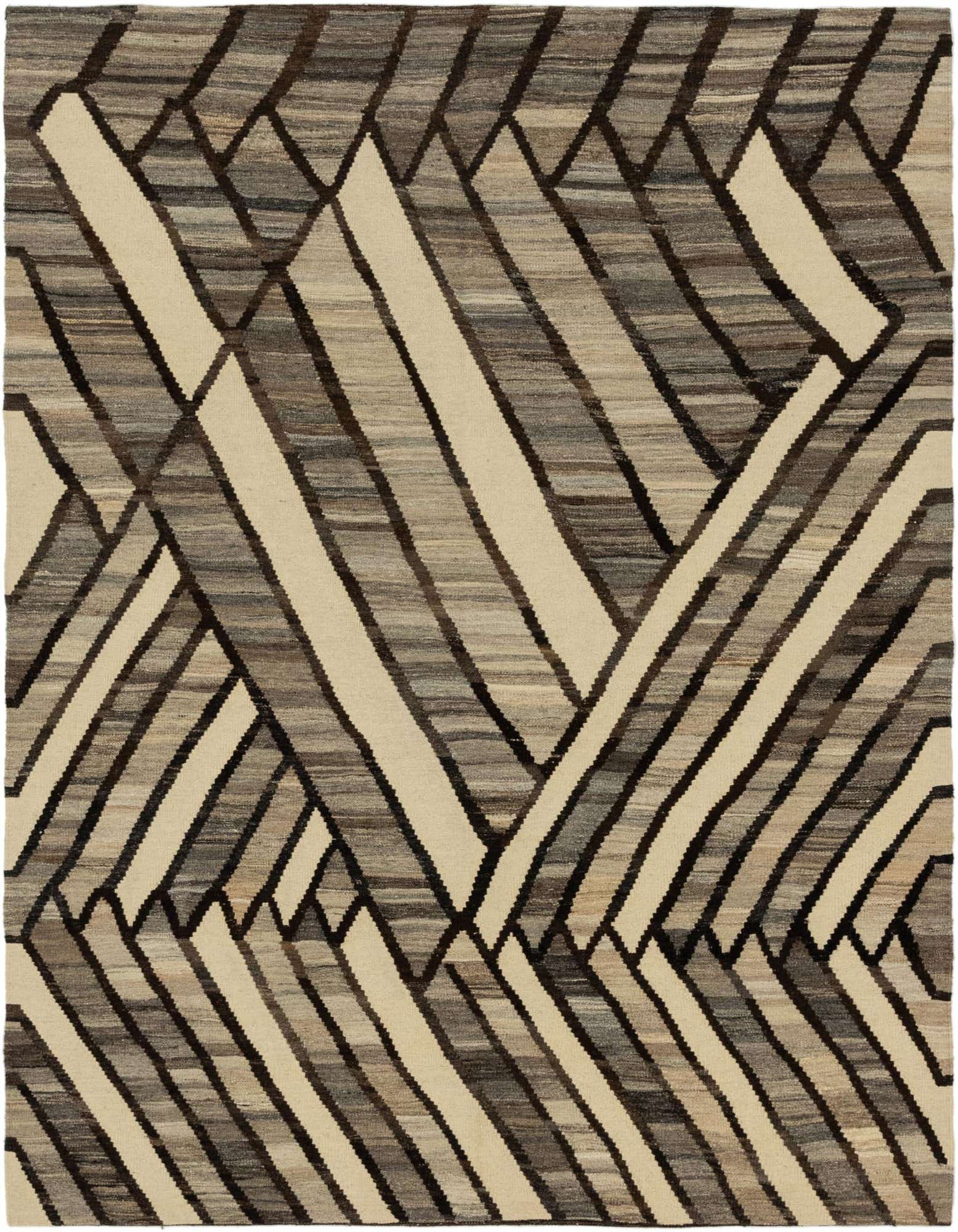 A 6x9 rectangular Kilim Modern rug with a tribal abstract pattern in shades of ivory, cream, and brown.