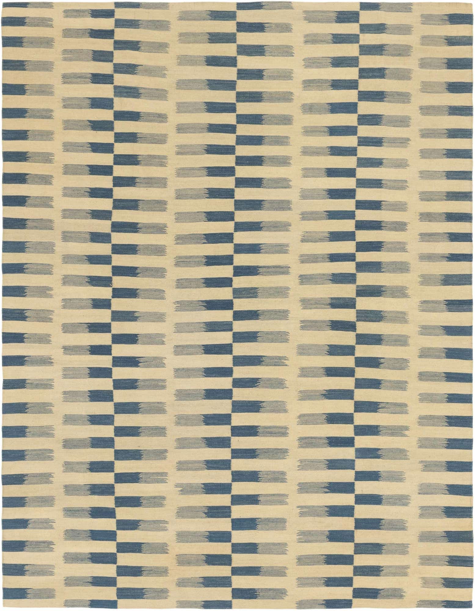 An 8x11 rectangular ivory and blue flatweave wool rug with a modern tribal stripe pattern.