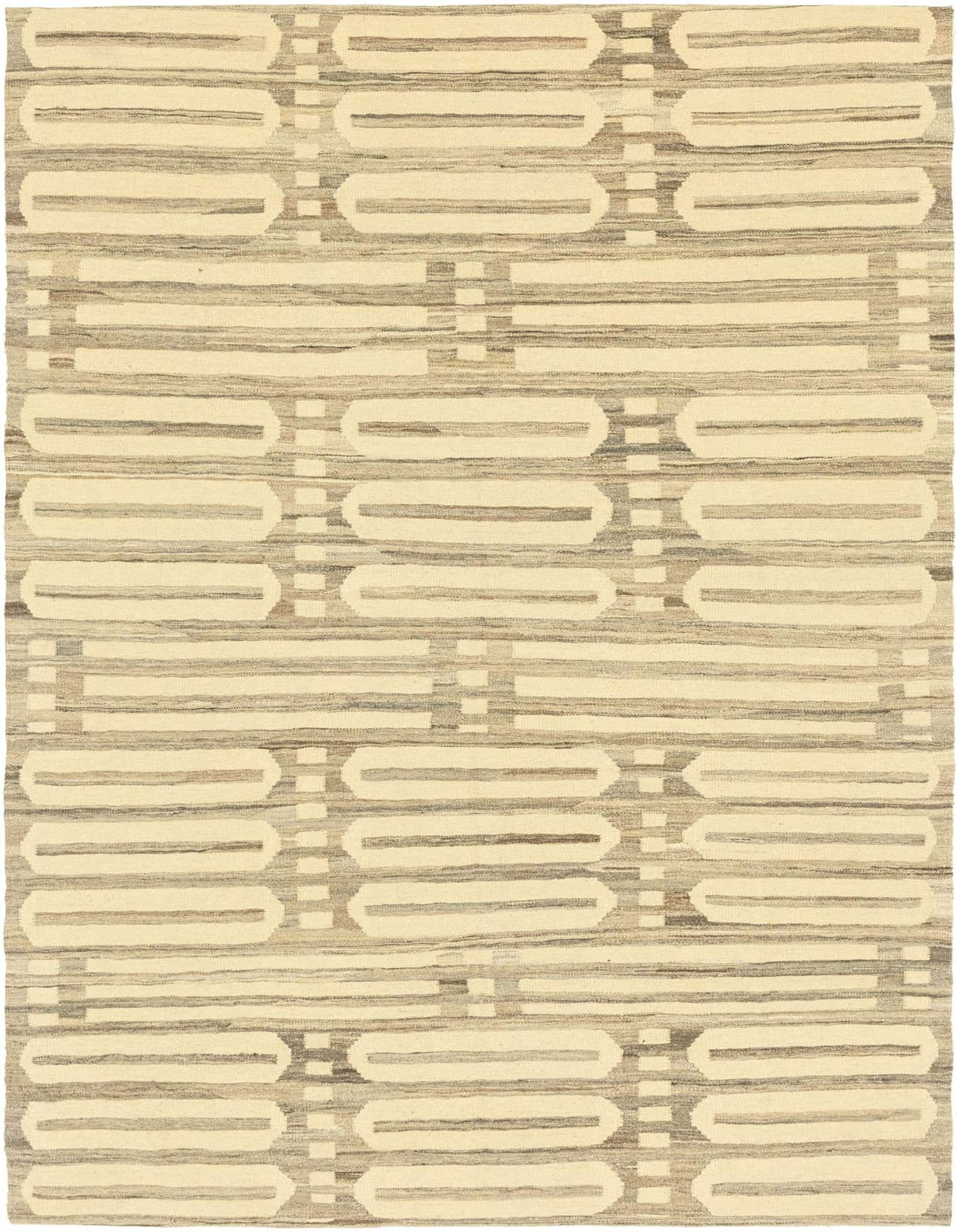 A 6x9 rectangular Kilim Modern rug with an ivory and cream tribal geometric pattern, suitable for a living room.