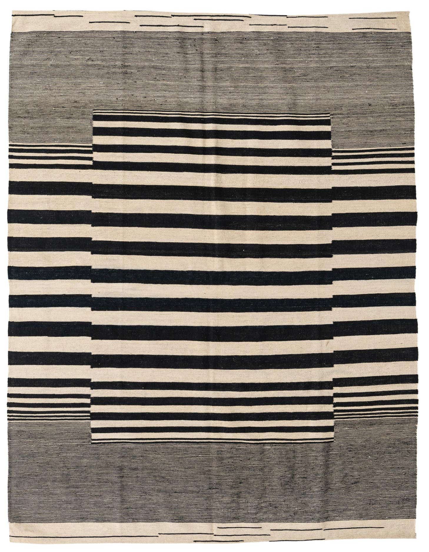 A 5x8 rectangular Kilim Modern rug with a bold ivory and black striped pattern, featuring a unique abstract tribal design.
