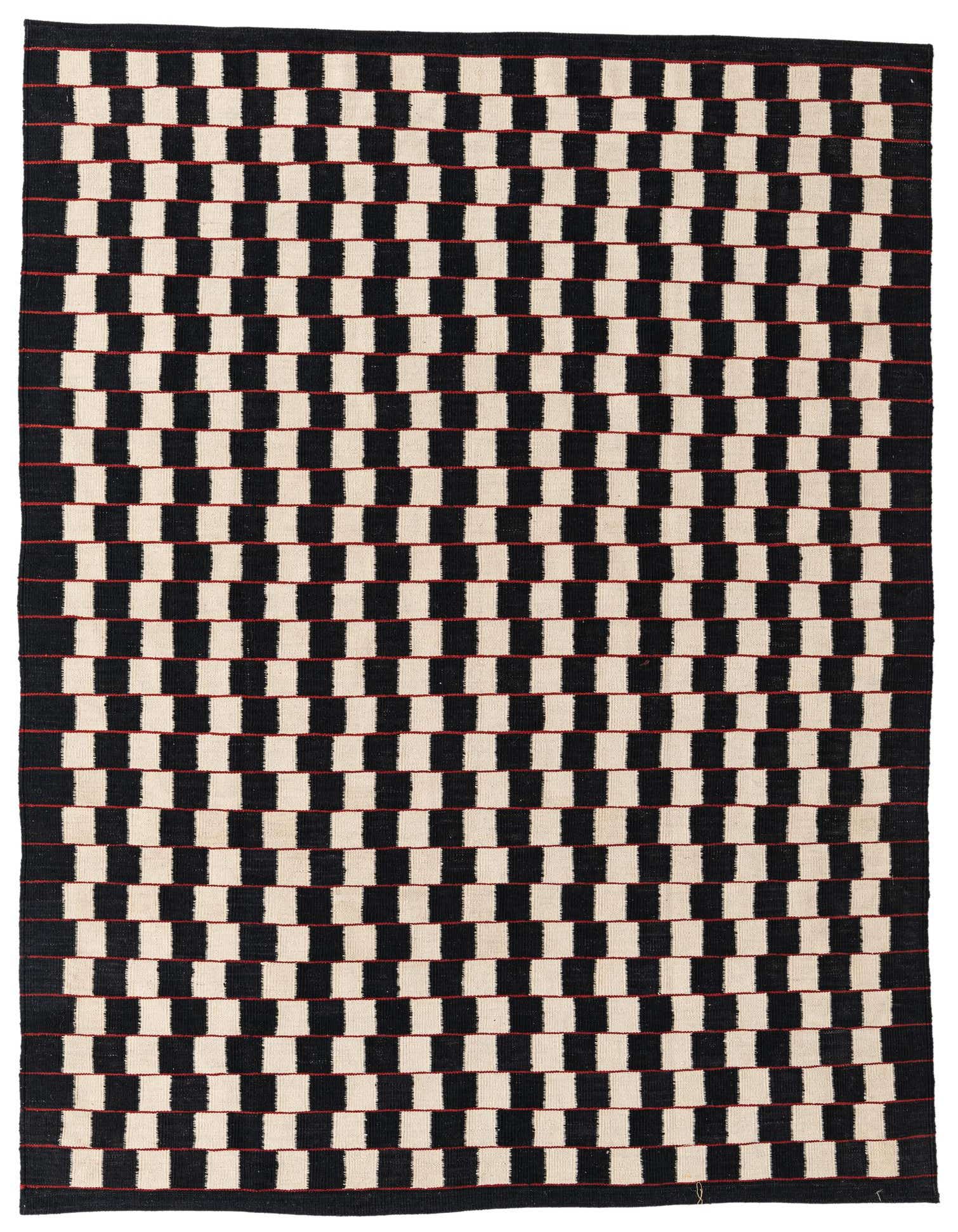 A 5x8 rectangular Kilim Modern rug with a bold black and ivory checkerboard pattern, featuring thin red horizontal lines.