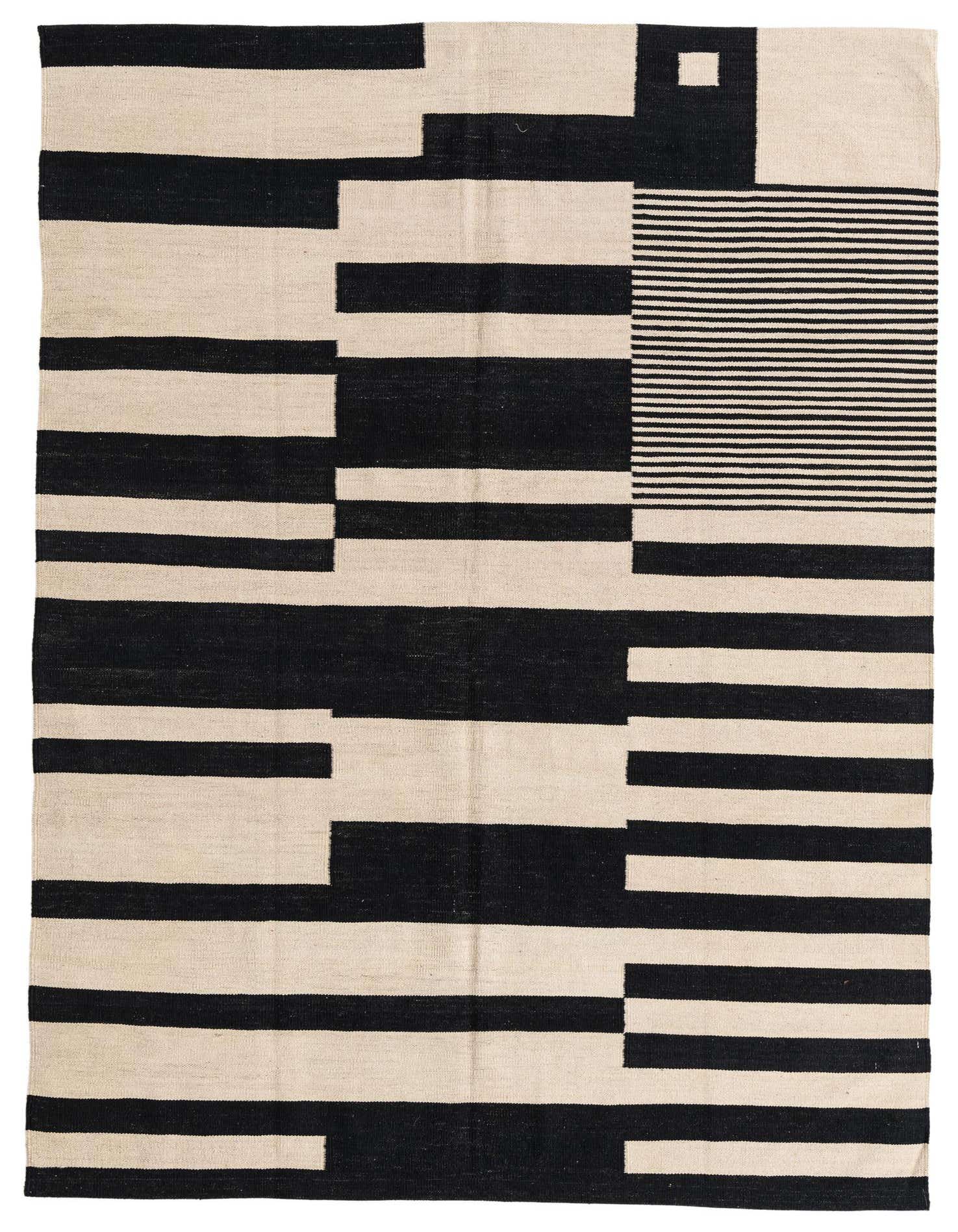 A 5x8 rectangular ivory and black flatweave rug with a modern abstract tribal pattern of horizontal stripes and blocks.