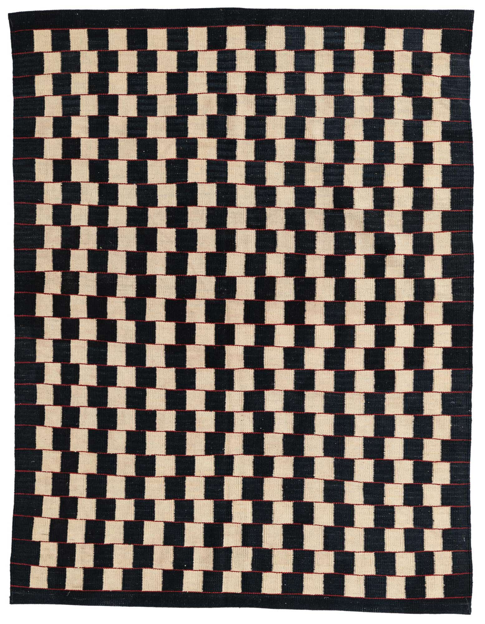 A 5x8 rectangular flatweave rug with a bold checkerboard pattern in black and ivory, featuring thin red accent lines.