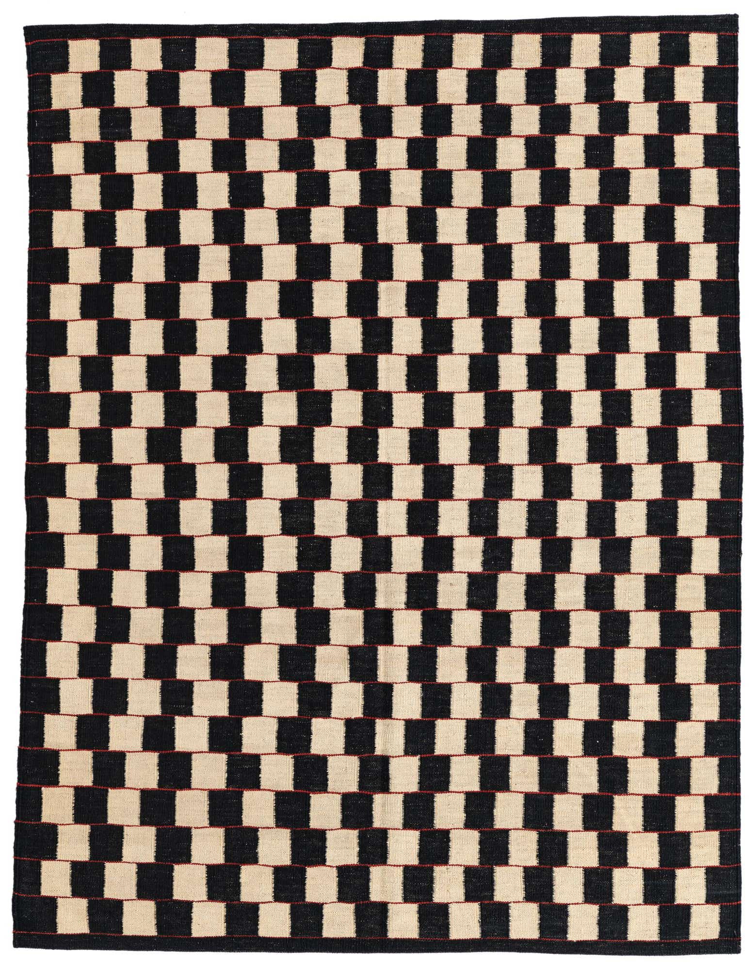 A 5x8 rectangular flatweave rug featuring a bold checkerboard pattern of black and ivory squares with subtle red stitching.