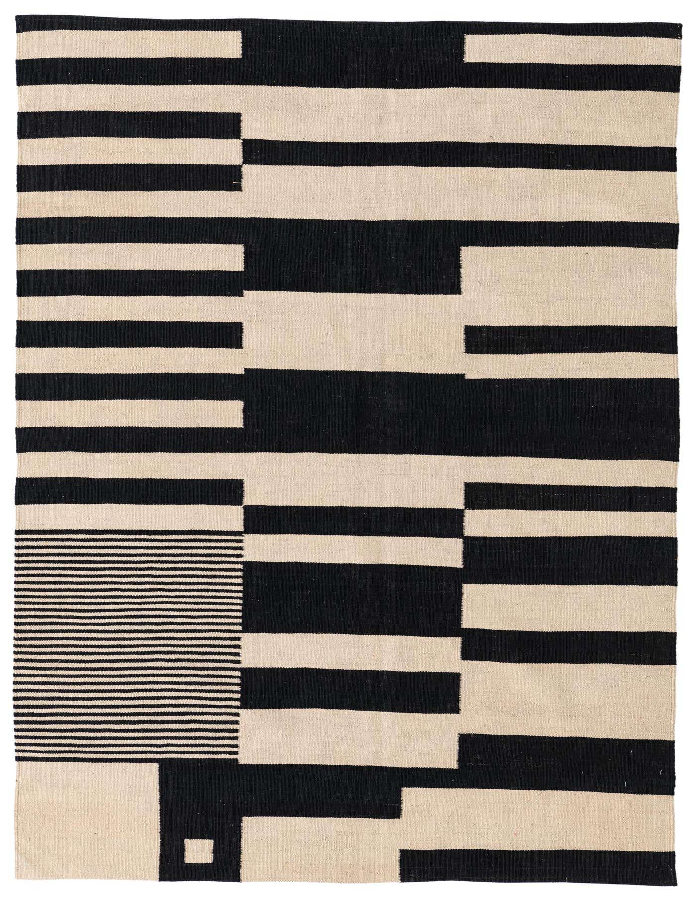 A 4x6 rectangular Kilim Modern rug with a bold abstract pattern of black and ivory stripes and blocks.