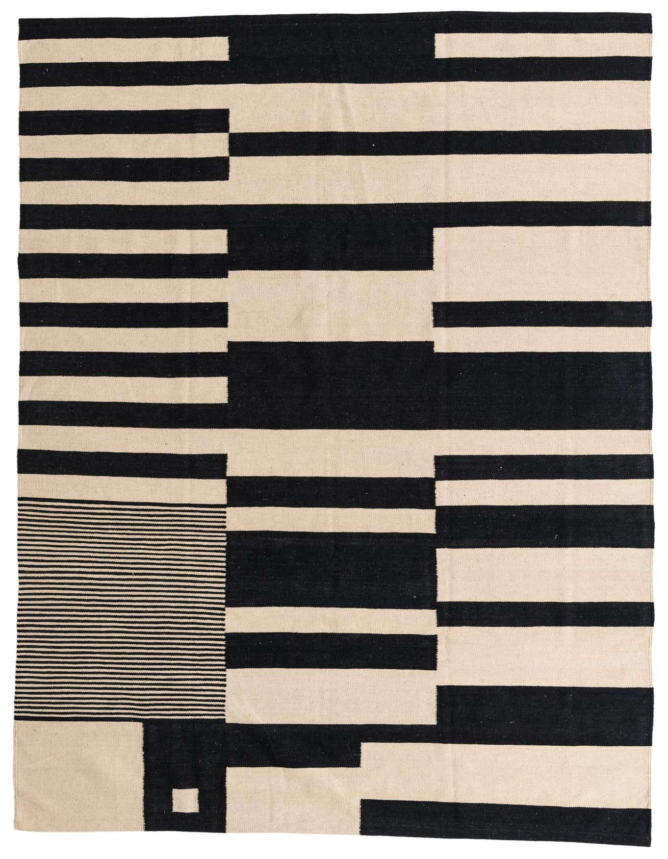 A 6x9 rectangular ivory and black flatweave rug with a modern tribal abstract pattern, featuring thick horizontal stripes and a small square detail.