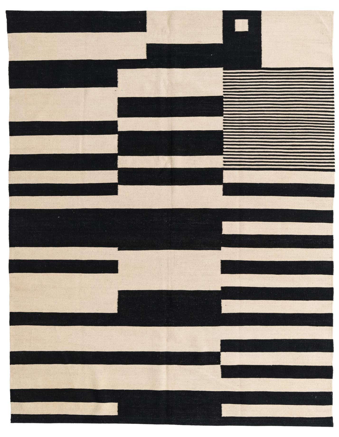 A 5x8 rectangular Kilim Modern rug with a bold black and ivory abstract geometric pattern, featuring horizontal stripes and solid blocks.