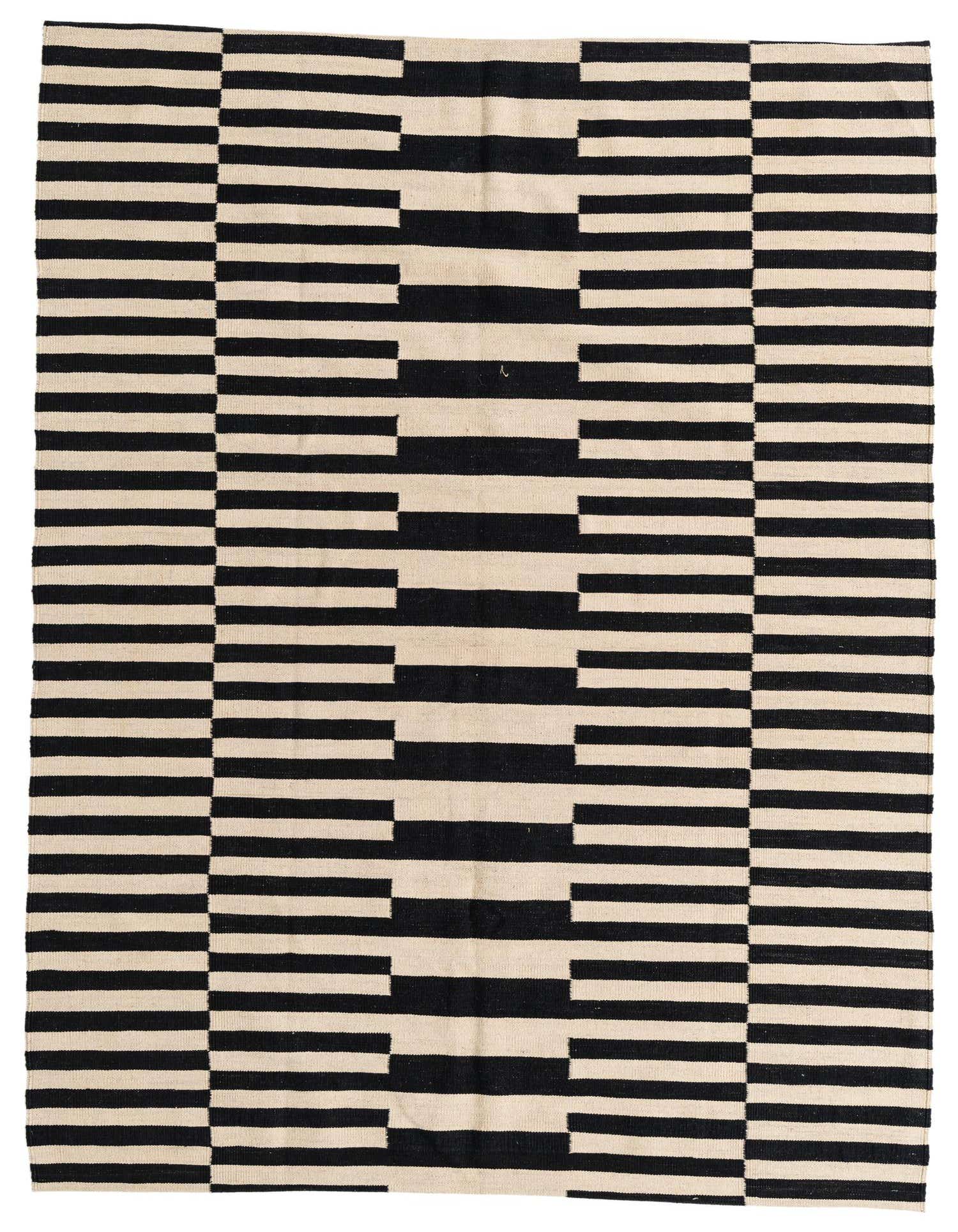 A 5x8 rectangular Kilim Modern rug with a bold tribal pattern of black and ivory horizontal stripes.