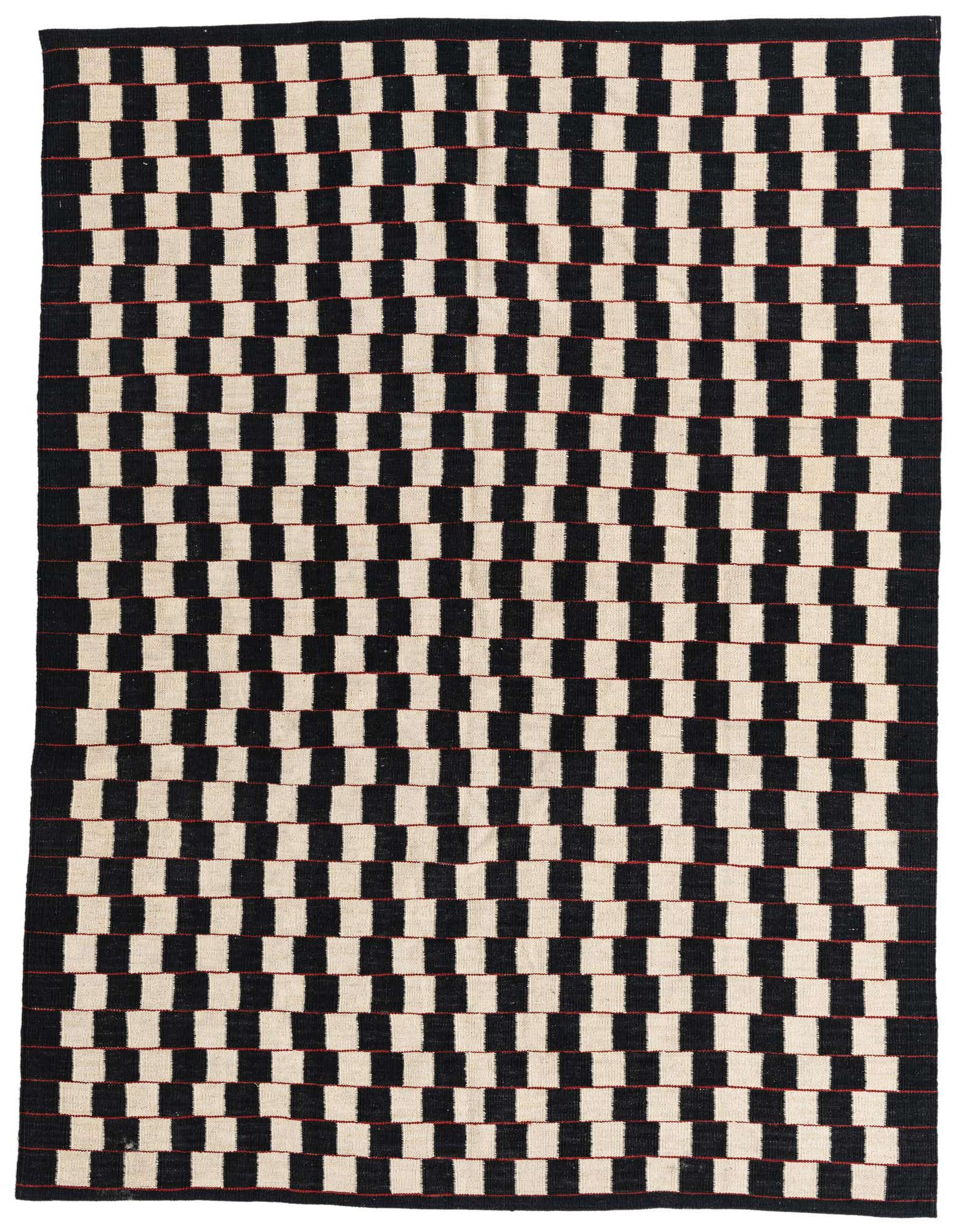 A 5x8 rectangular Kilim Modern rug with a bold black and ivory checkerboard pattern, featuring subtle red horizontal lines, suitable for a living room.