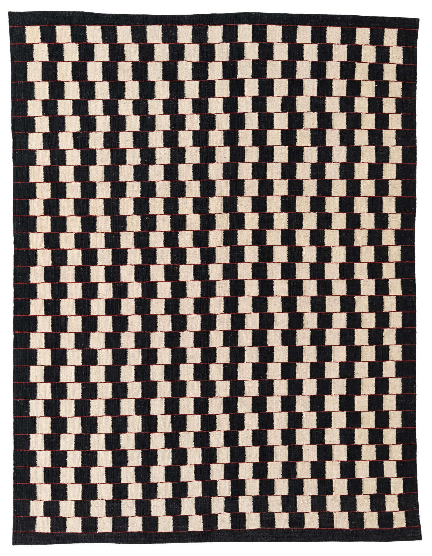 A 5x8 rectangular Kilim Modern rug with a bold black and ivory checkerboard pattern, featuring subtle red horizontal lines.