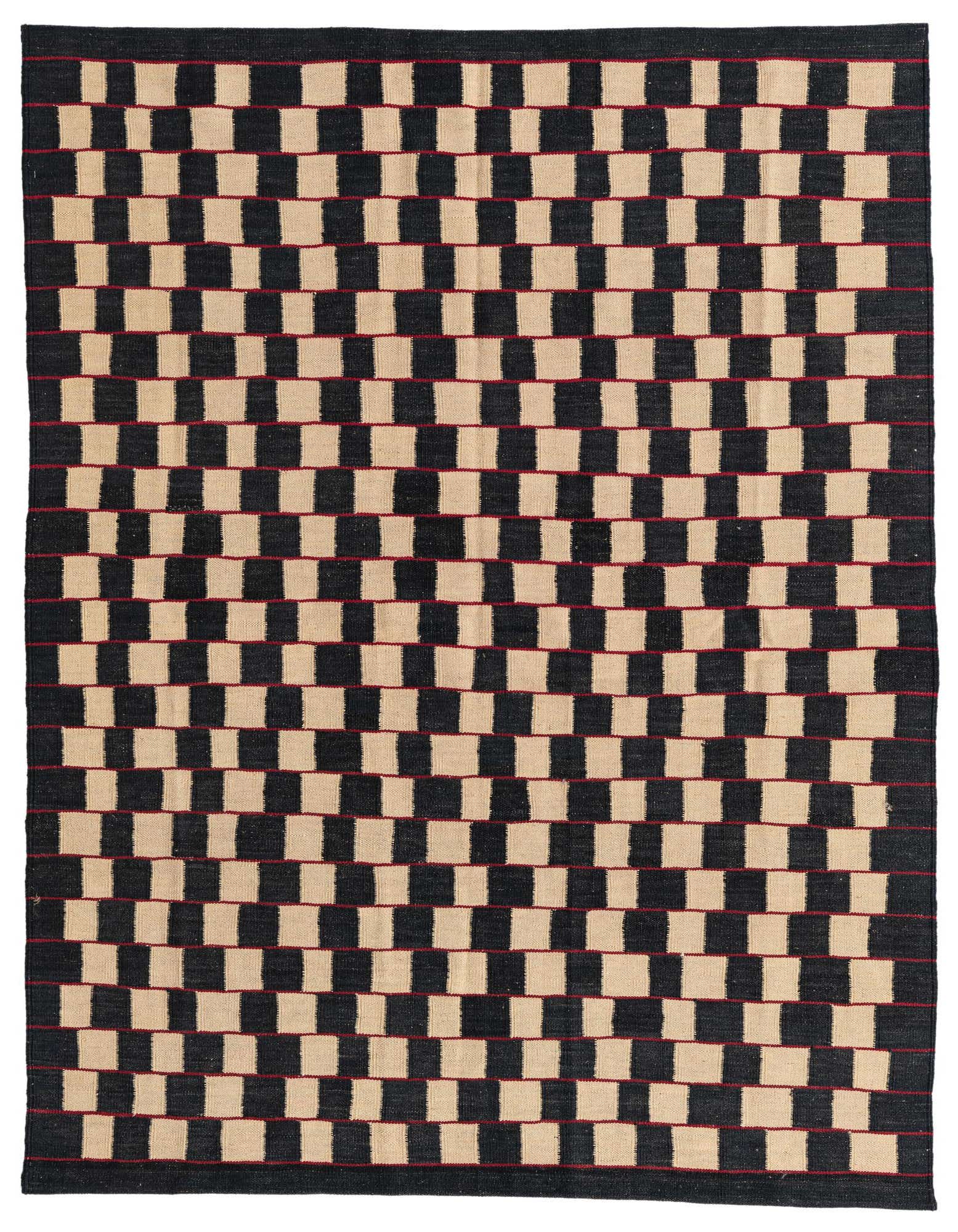 A 5x8 rectangular flatweave rug featuring a bold checkerboard pattern of ivory and black squares, with thin red lines separating the rows.