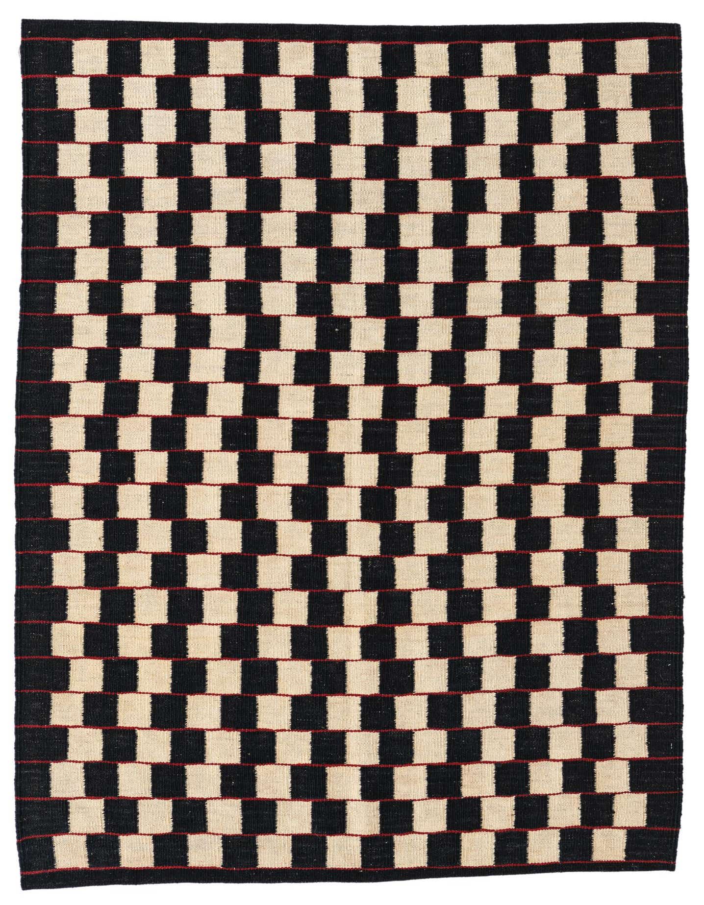 A 4x6 rectangular Kilim Modern wool rug featuring an alternating checkerboard pattern of ivory and black squares, with thin red lines separating rows.