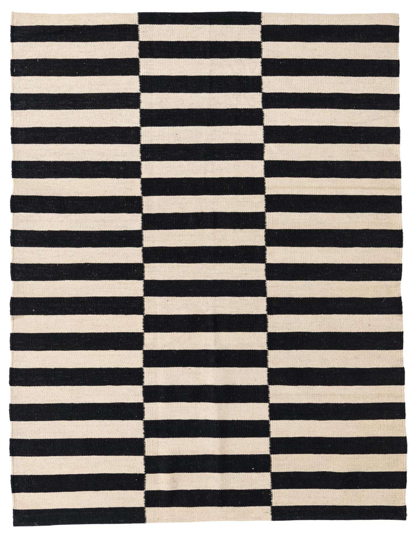 A 4x6 rectangular Kilim Modern rug with bold black and ivory horizontal stripes, perfect for a living room.
