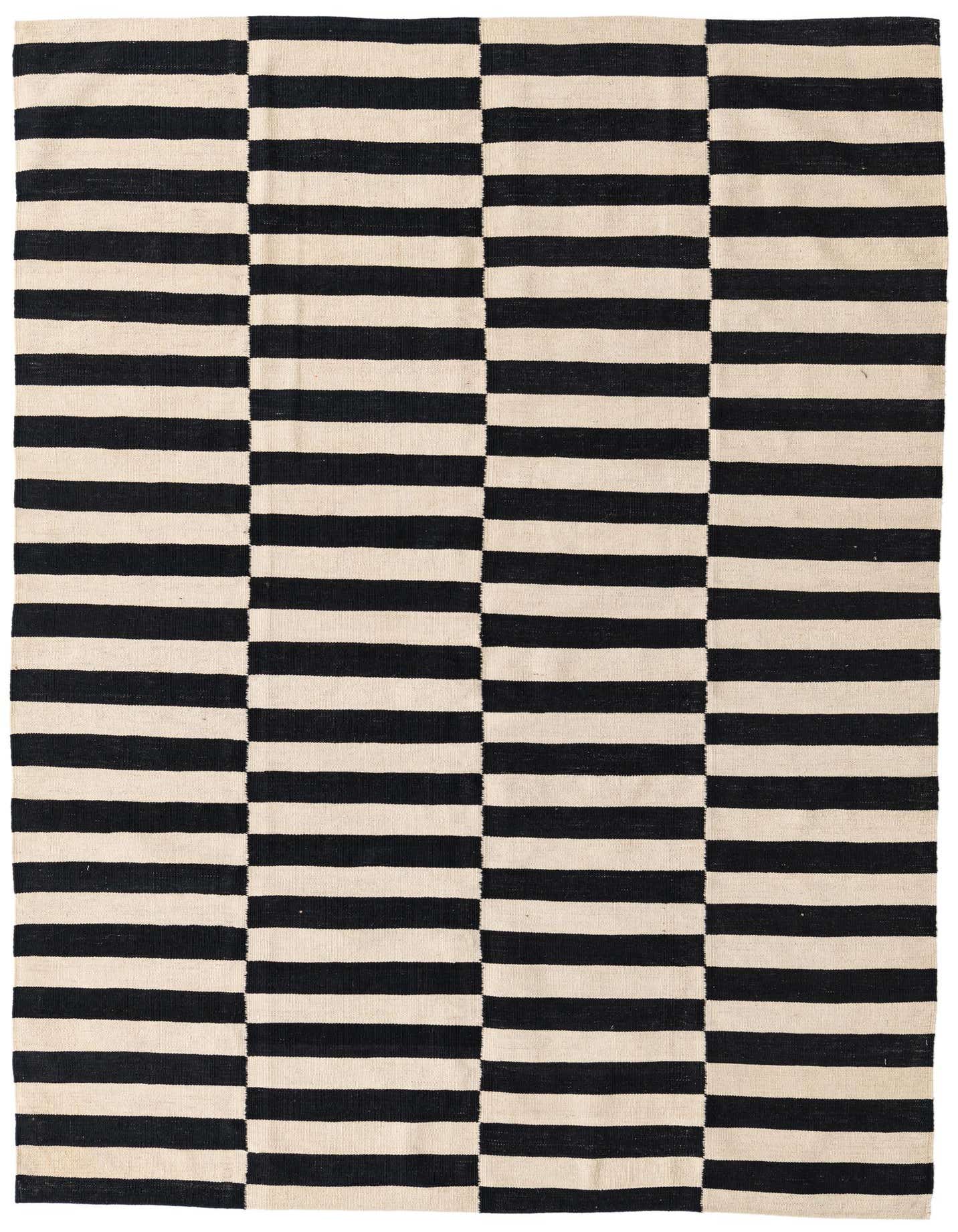 A 5x8 rectangular Kilim Modern rug with a bold black and ivory striped geometric pattern, ideal for a living room.