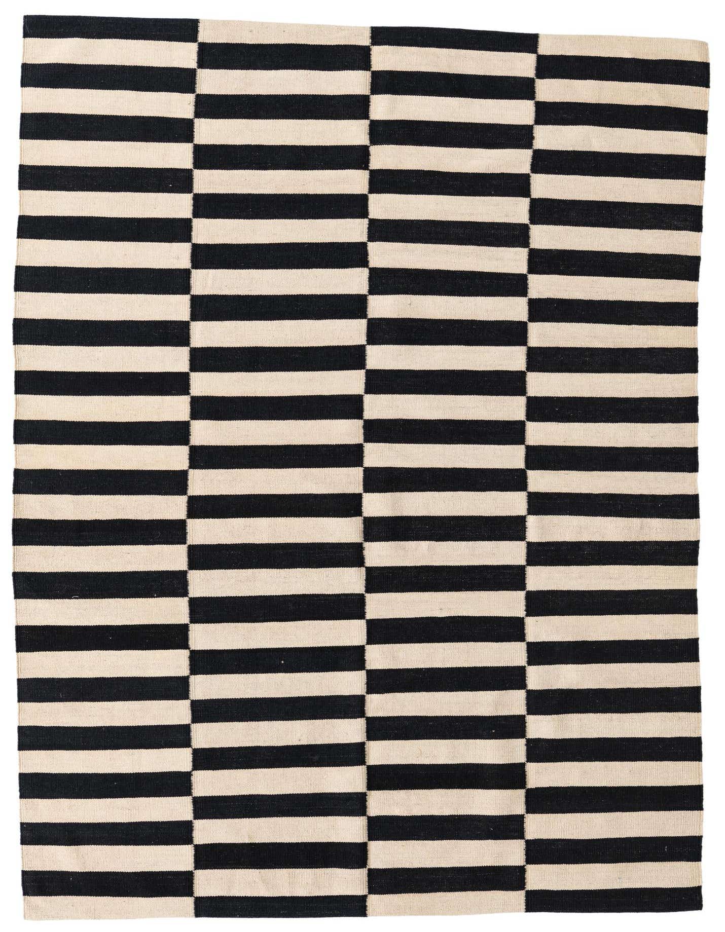 A 5x8 rectangular Kilim Modern rug with a bold black and ivory striped pattern, perfect for a living room.