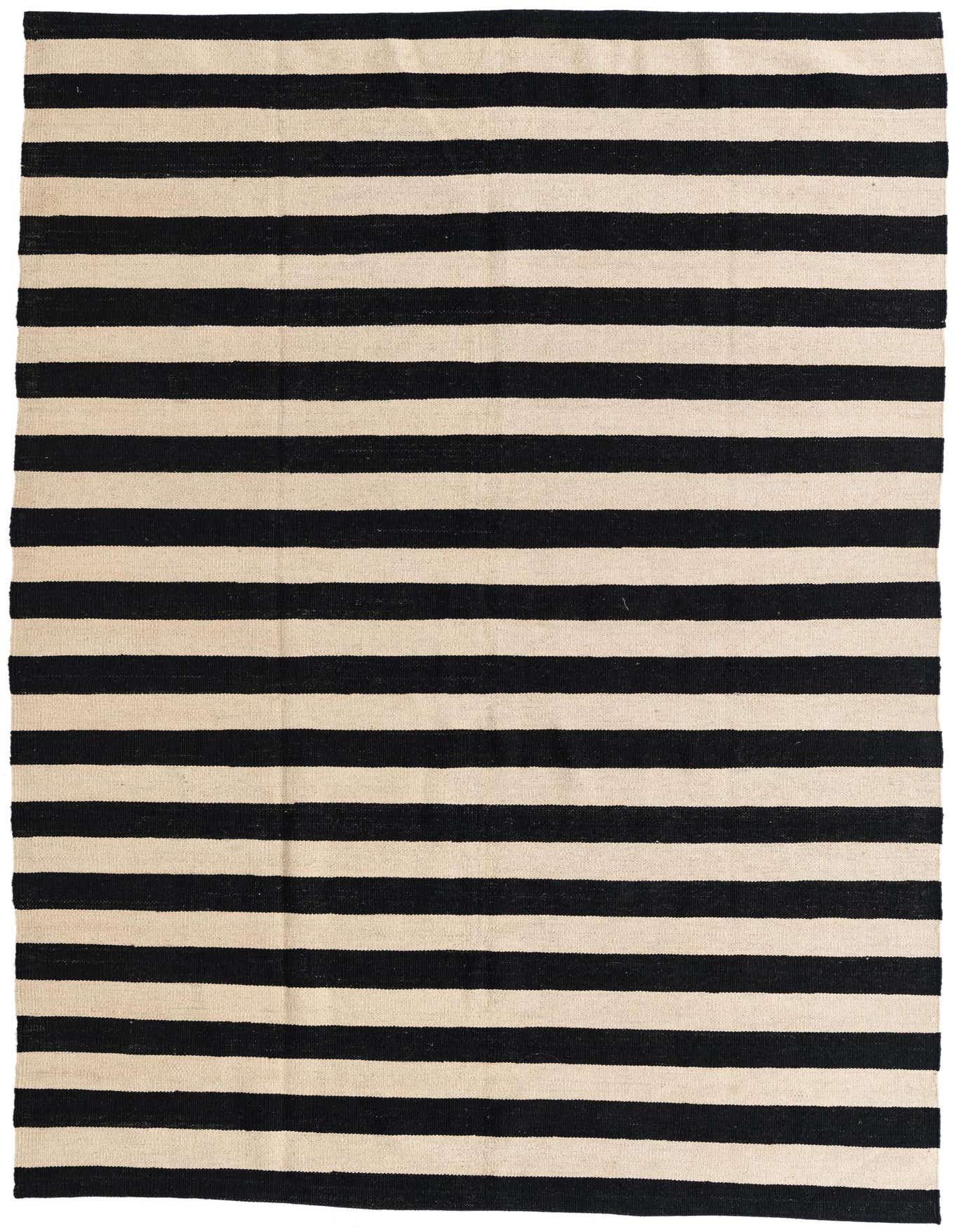 A 5x8 rectangular Kilim Modern rug from Rugs.com featuring bold black and ivory horizontal stripes, suitable for a living room or dining room.
