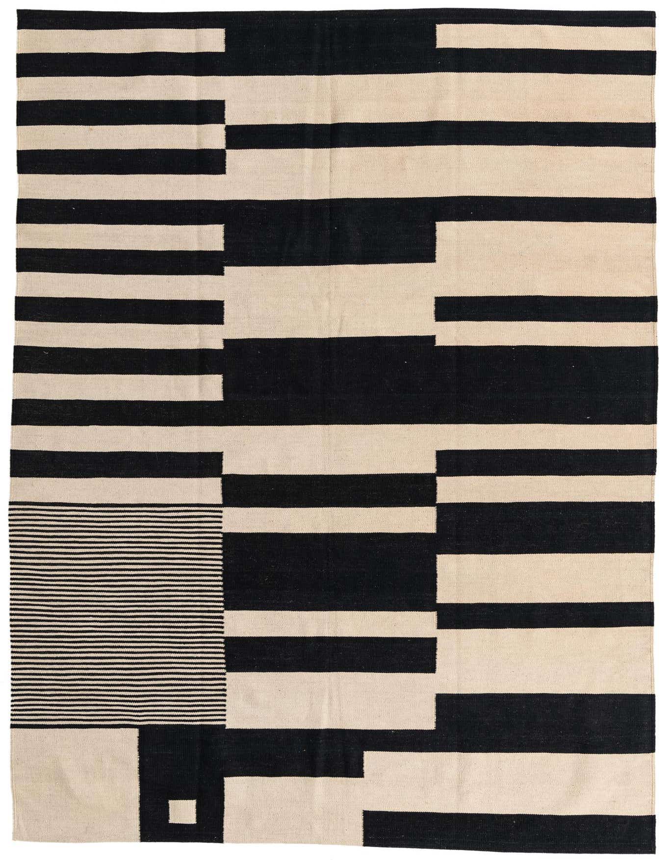 A 6x9 rectangular Kilim Modern rug with a bold black and ivory abstract tribal pattern, featuring horizontal stripes and solid blocks.