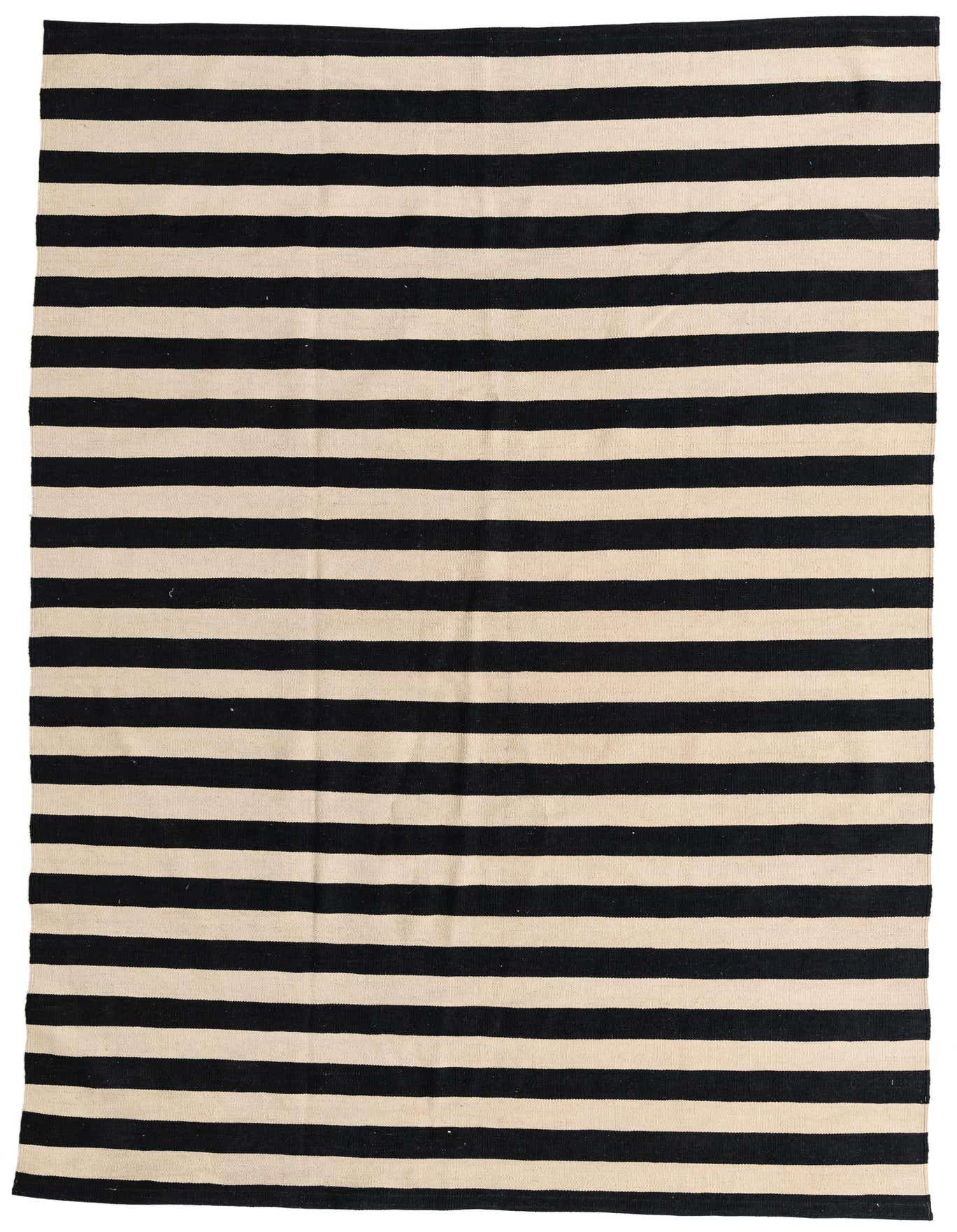 A 6x9 rectangular Kilim Modern rug with bold black and ivory horizontal stripes, made from flatweave wool.