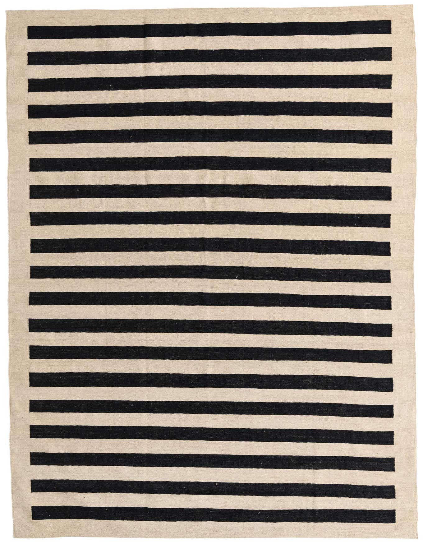 A 6x9 rectangular Kilim Modern rug with bold black and ivory horizontal stripes, flatweave texture.
