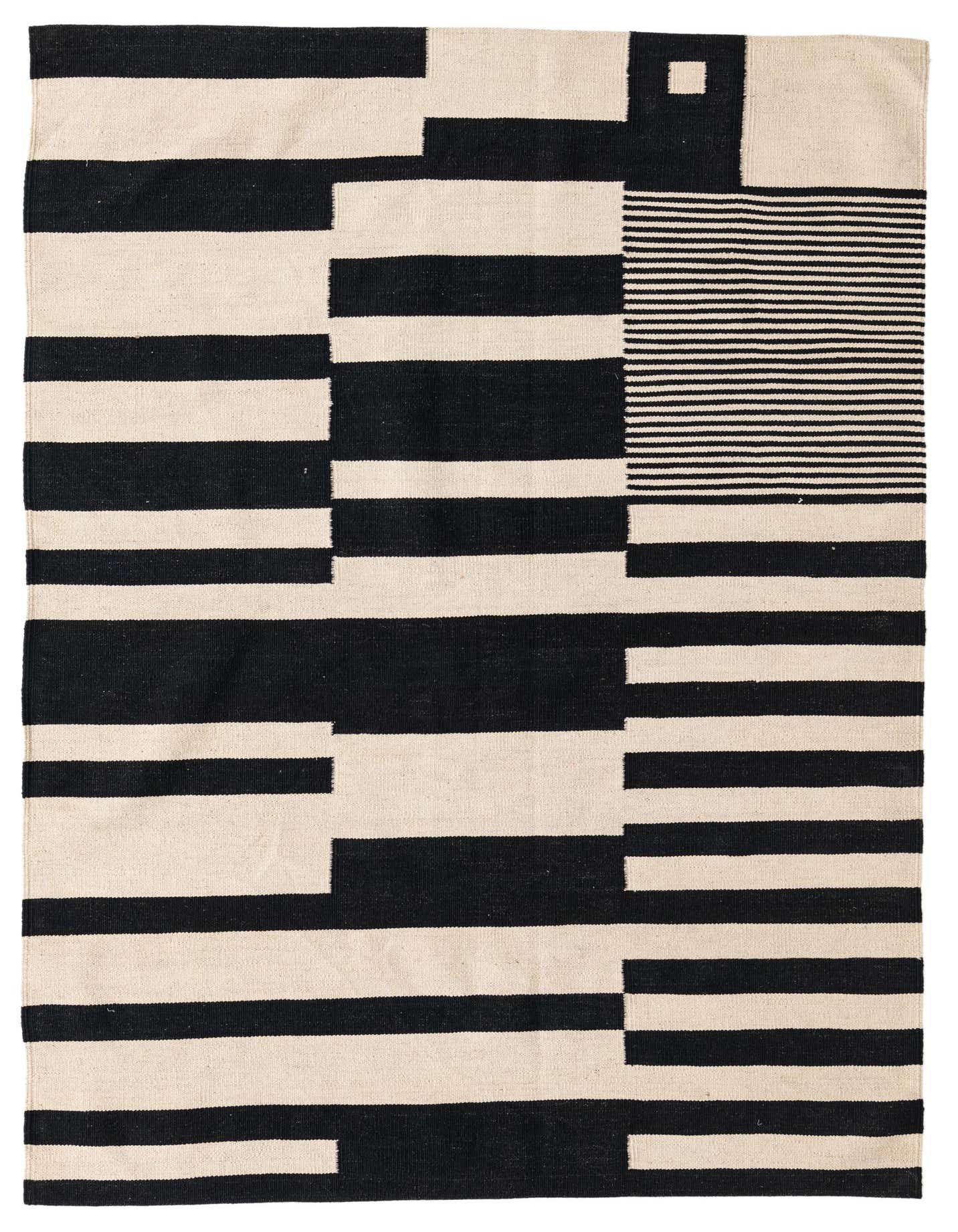 A 4x6 rectangular Kilim Modern rug with a bold, abstract pattern of black and ivory stripes and blocks.