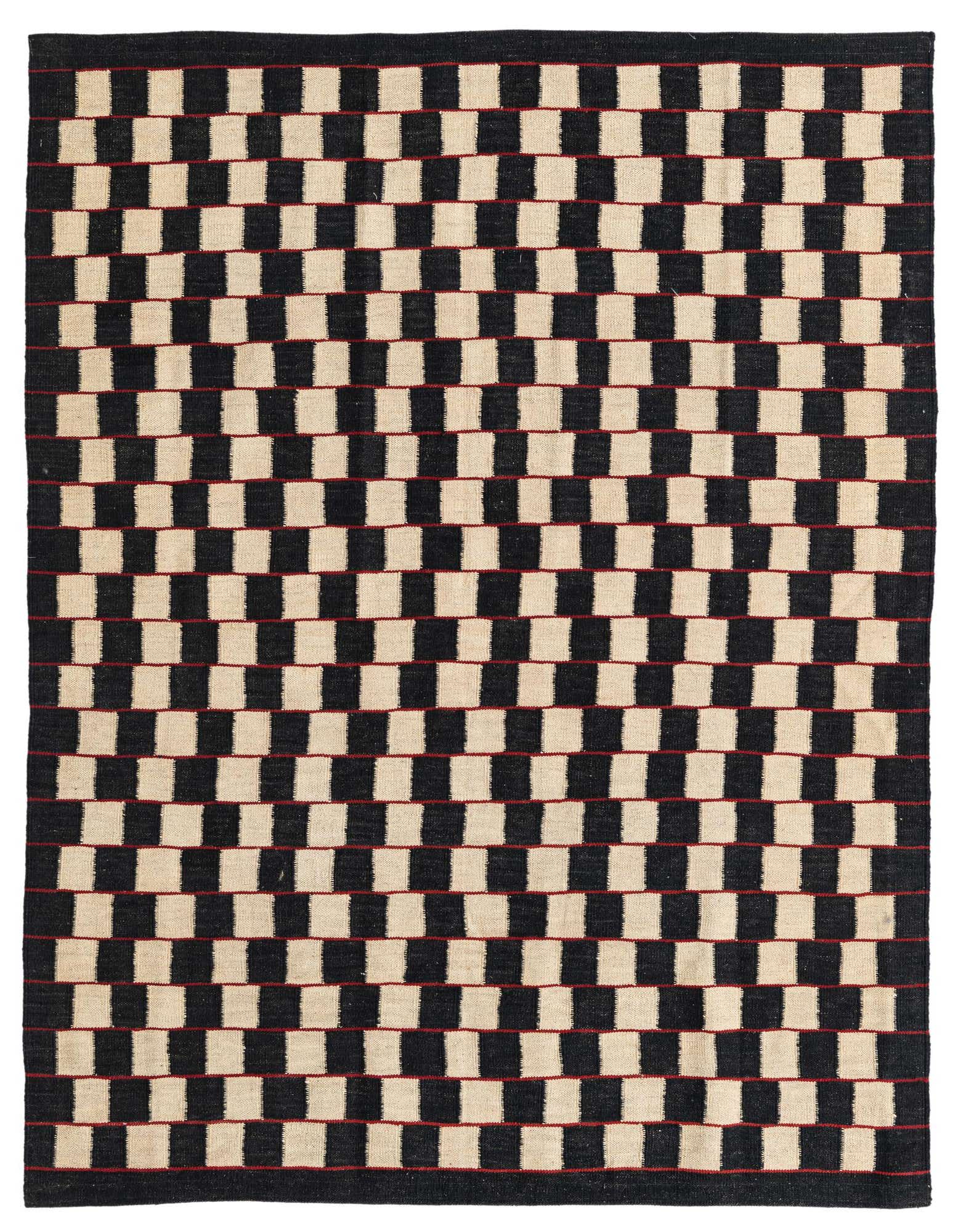 A 5x8 rectangular Kilim Modern rug with an ivory and black checkerboard pattern, accented by thin red lines.