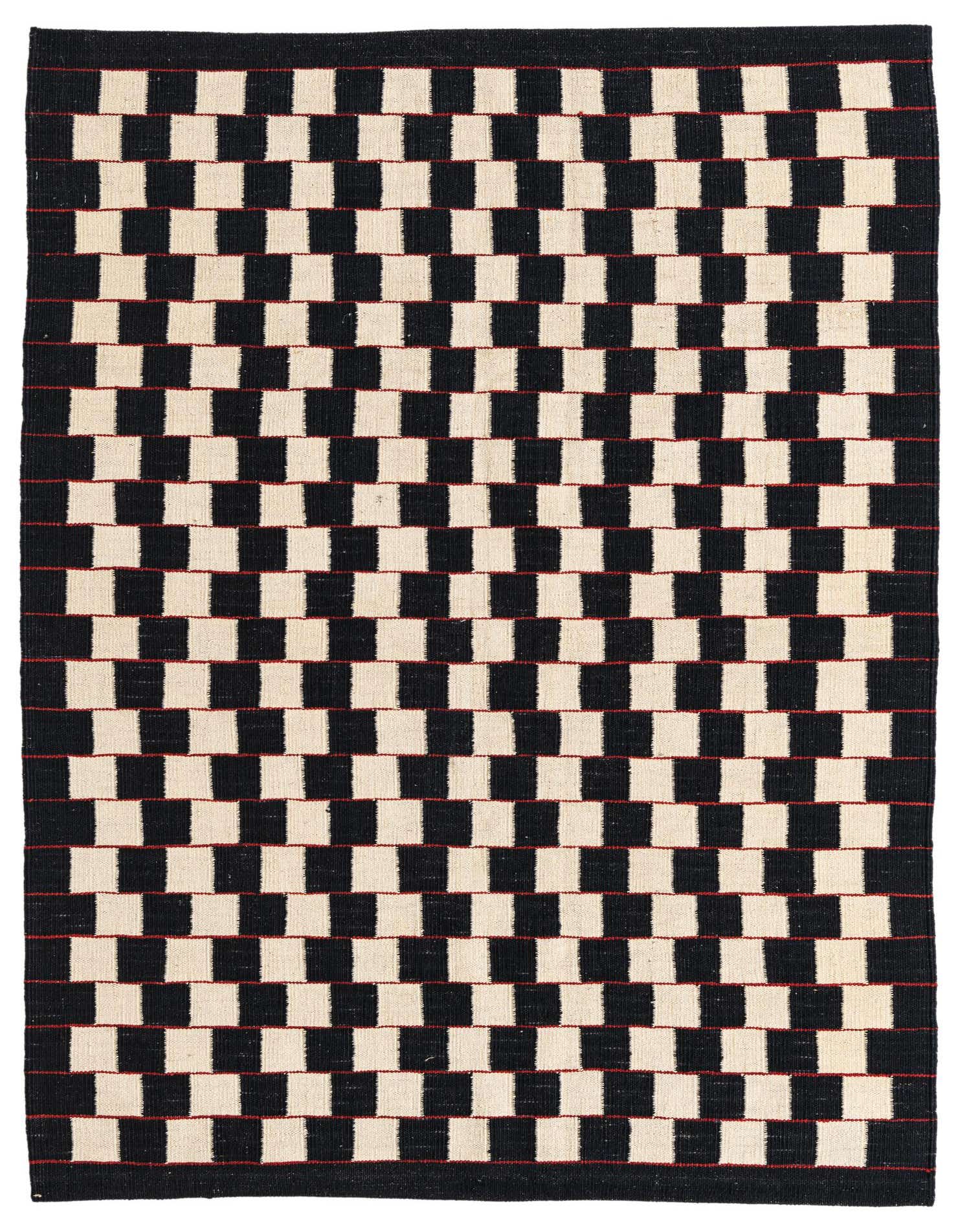 A 4x6 rectangular Kilim Modern rug with a bold black and ivory checkerboard pattern, featuring thin red accent lines.