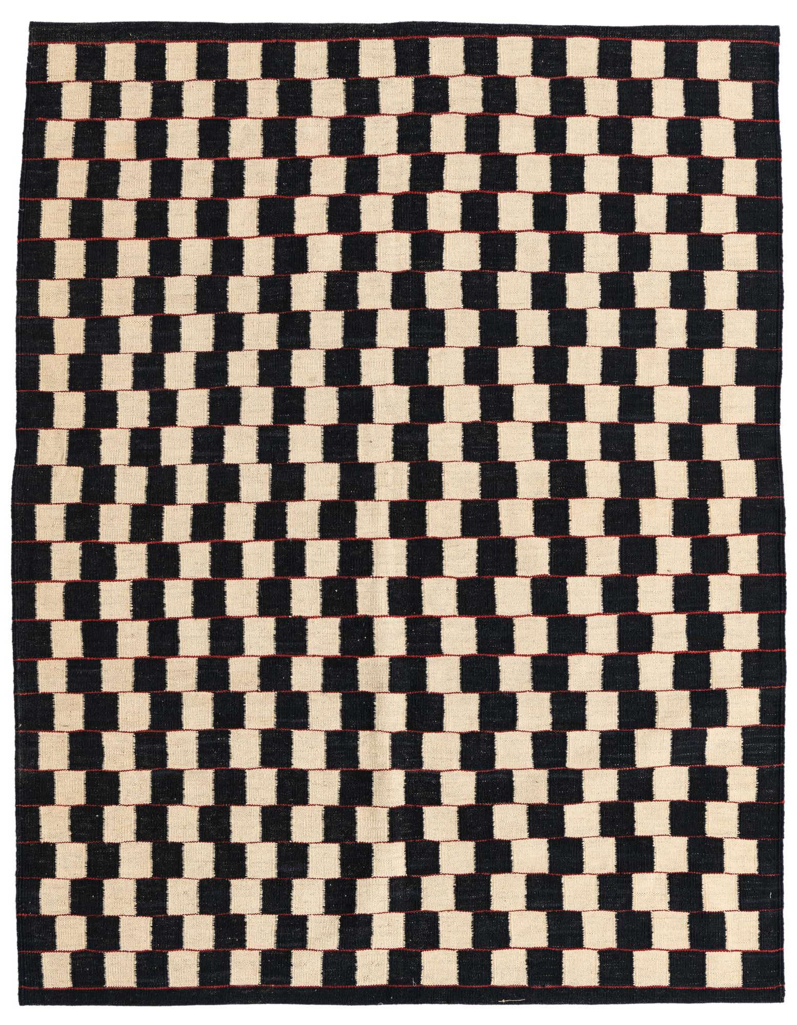A 5x8 rectangular Kilim Modern rug with a bold black and ivory checkerboard pattern, featuring subtle red lines between blocks.