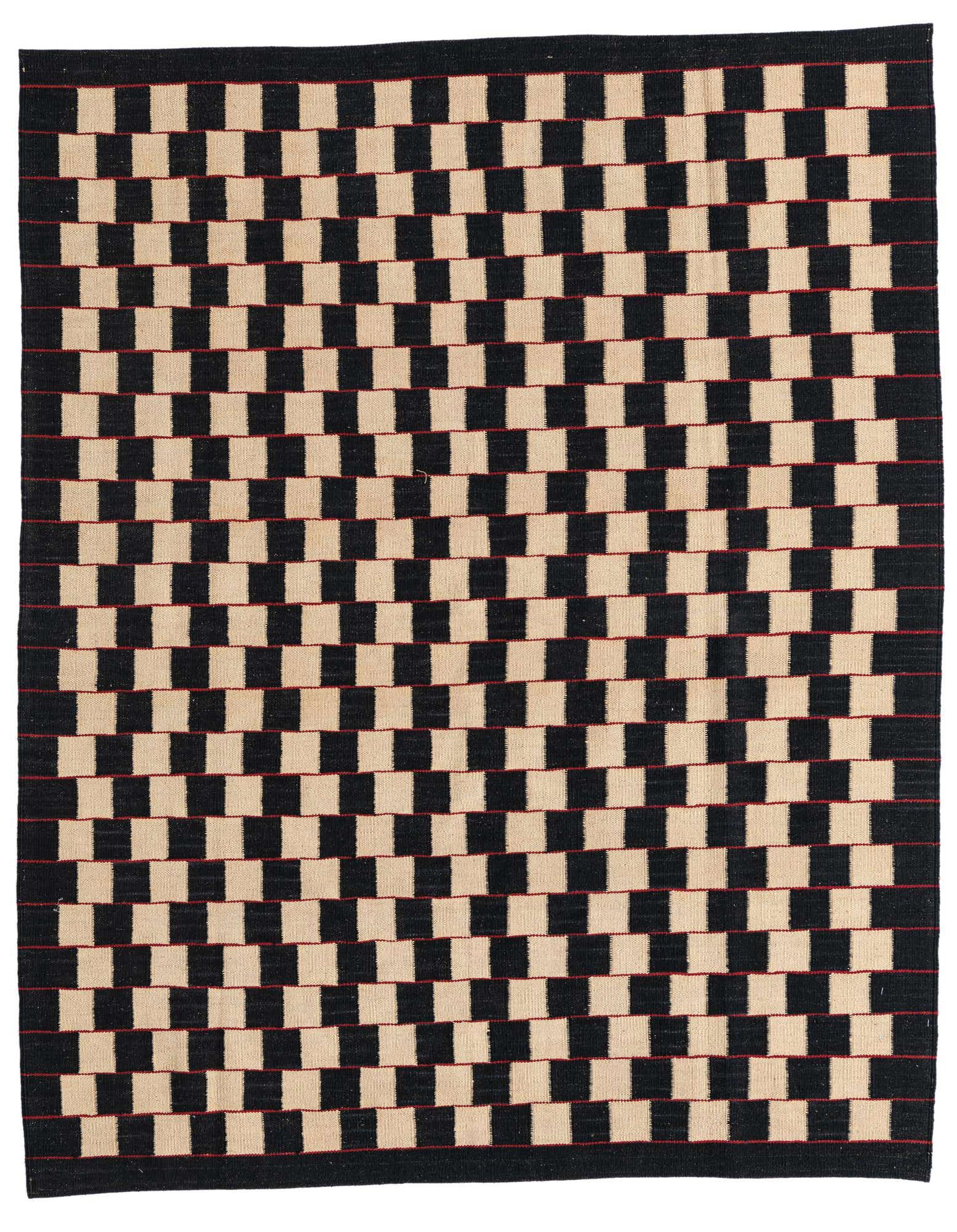 A 5x8 rectangular Kilim Modern rug featuring an abstract checkerboard pattern in ivory and black with subtle red accents.