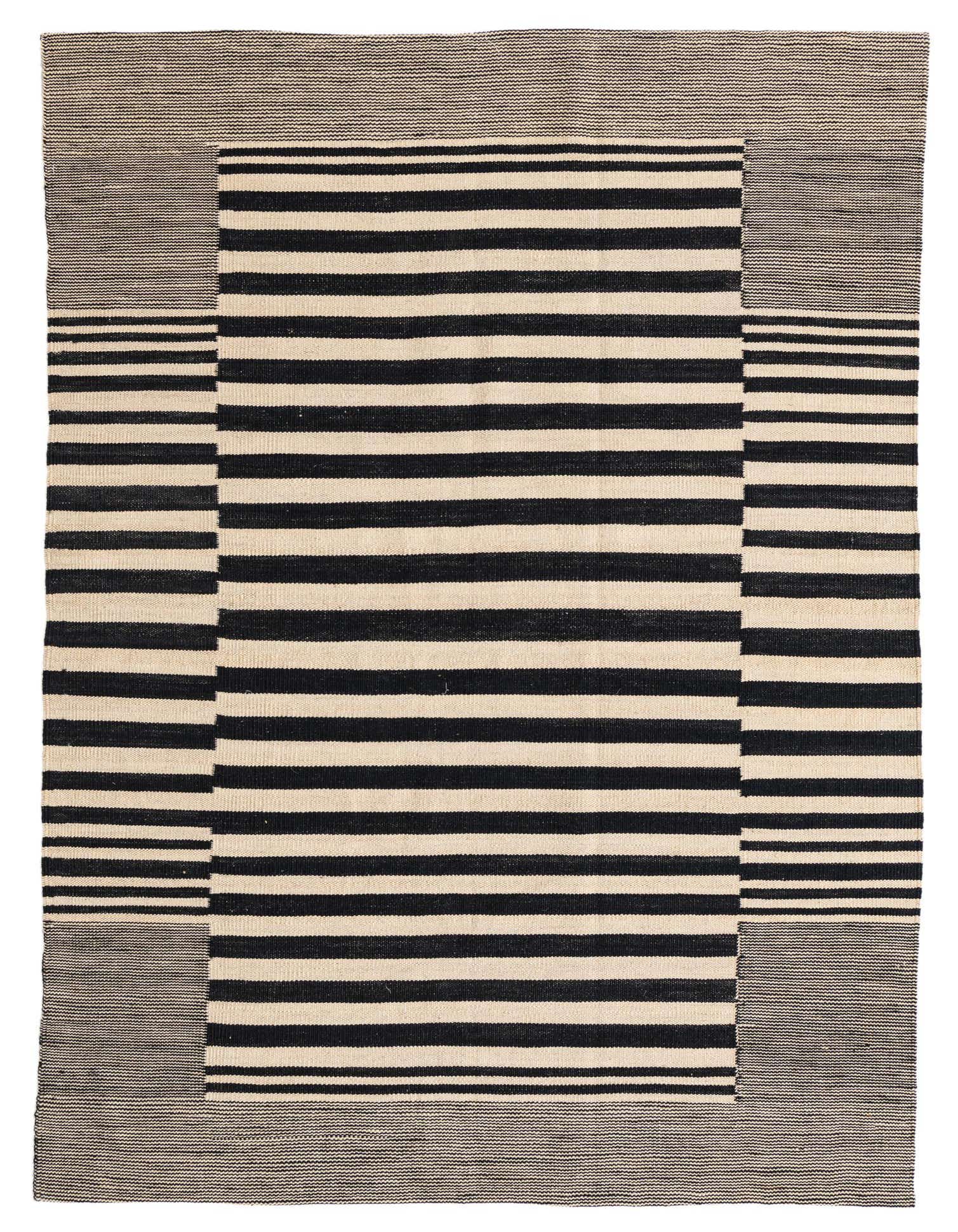 A 4x6 rectangular ivory and black flatweave rug with a bold striped pattern and a textured border.