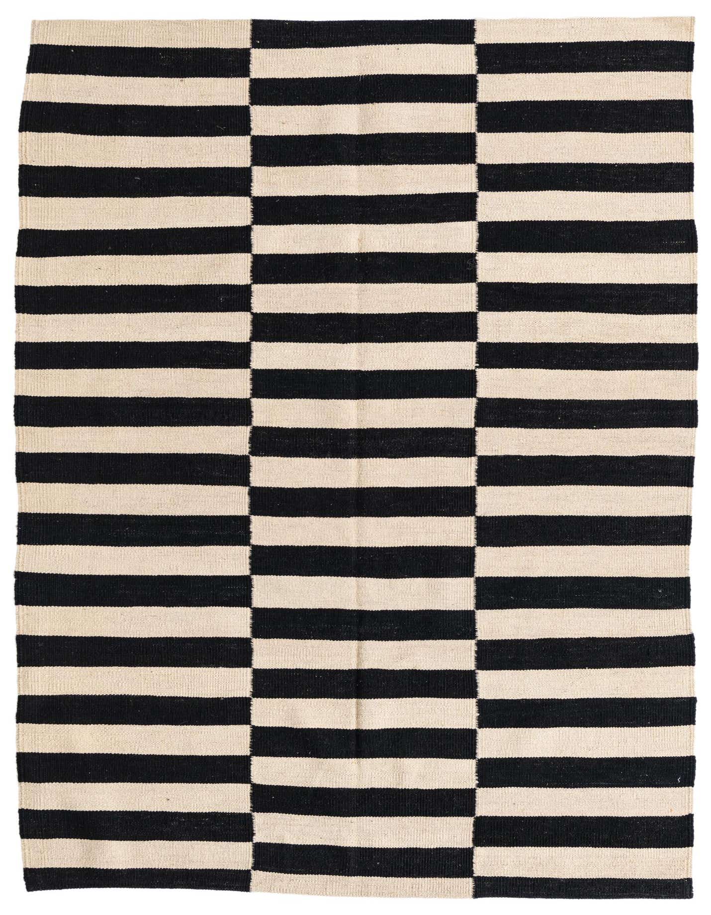 A 4x6 rectangular Kilim Modern rug with a bold black and ivory striped pattern, suitable for a living room.