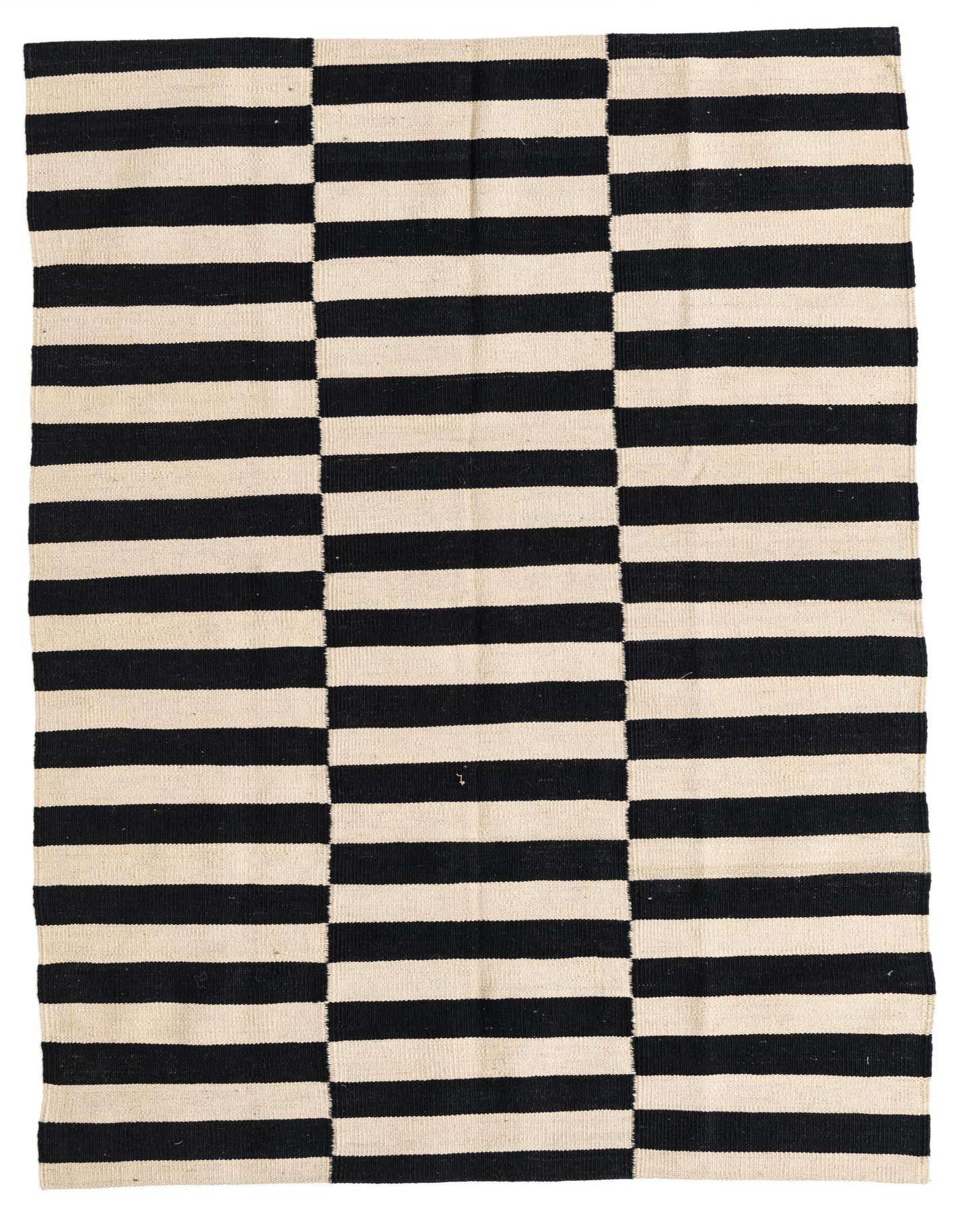 A 4x6 rectangular Kilim Modern rug with bold black and ivory horizontal stripes in a tribal pattern.