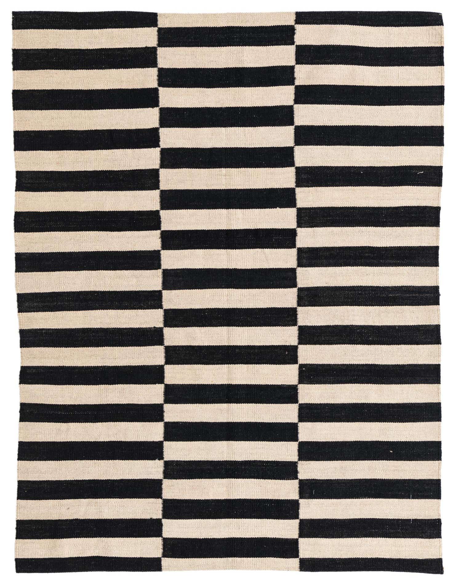 A 4x6 rectangular flatweave rug featuring bold horizontal black and ivory stripes in a tribal, modern pattern.
