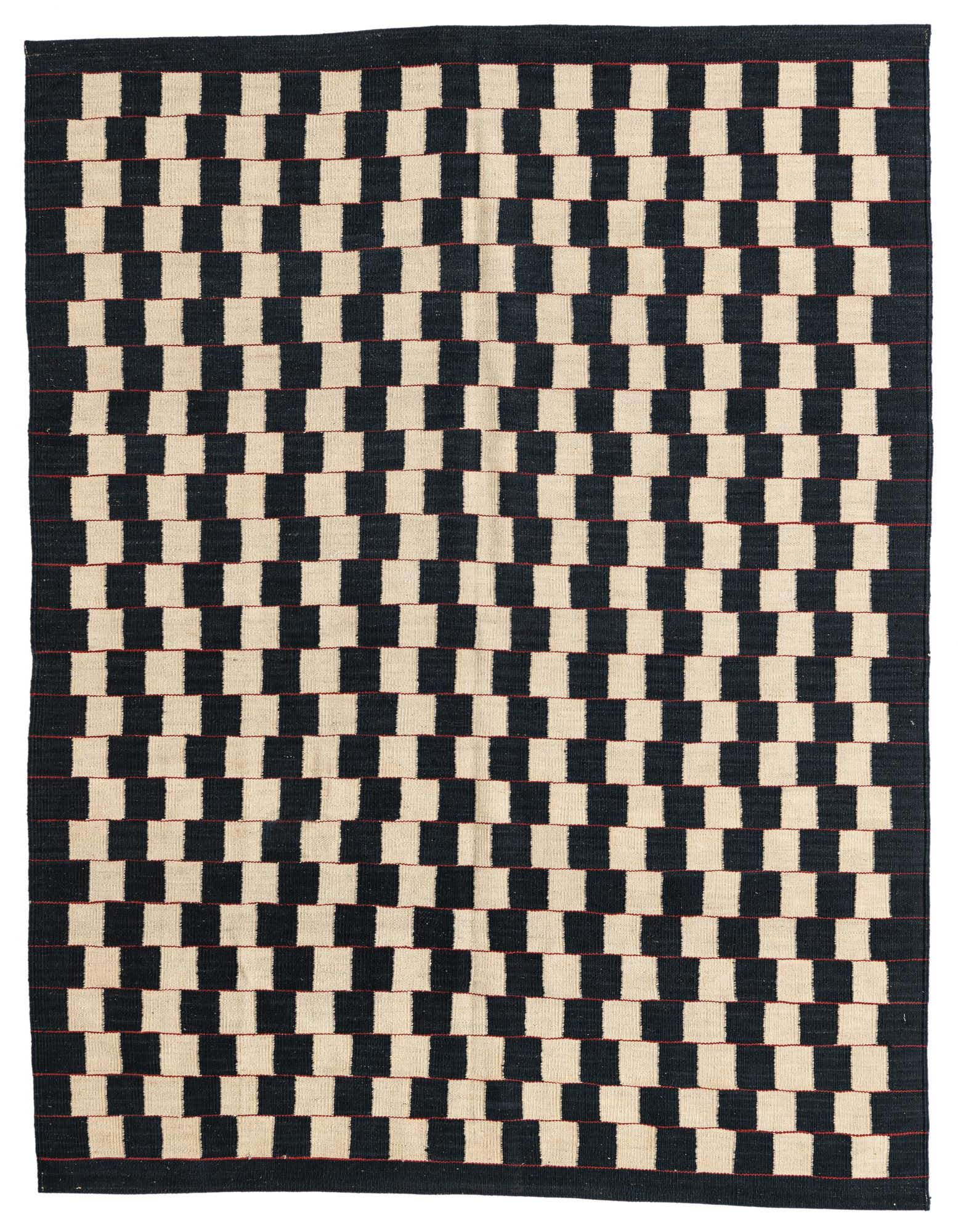 A 5x8 rectangular Kilim Modern rug with a bold black and ivory checkerboard pattern, featuring subtle red horizontal lines, suitable for a living room.